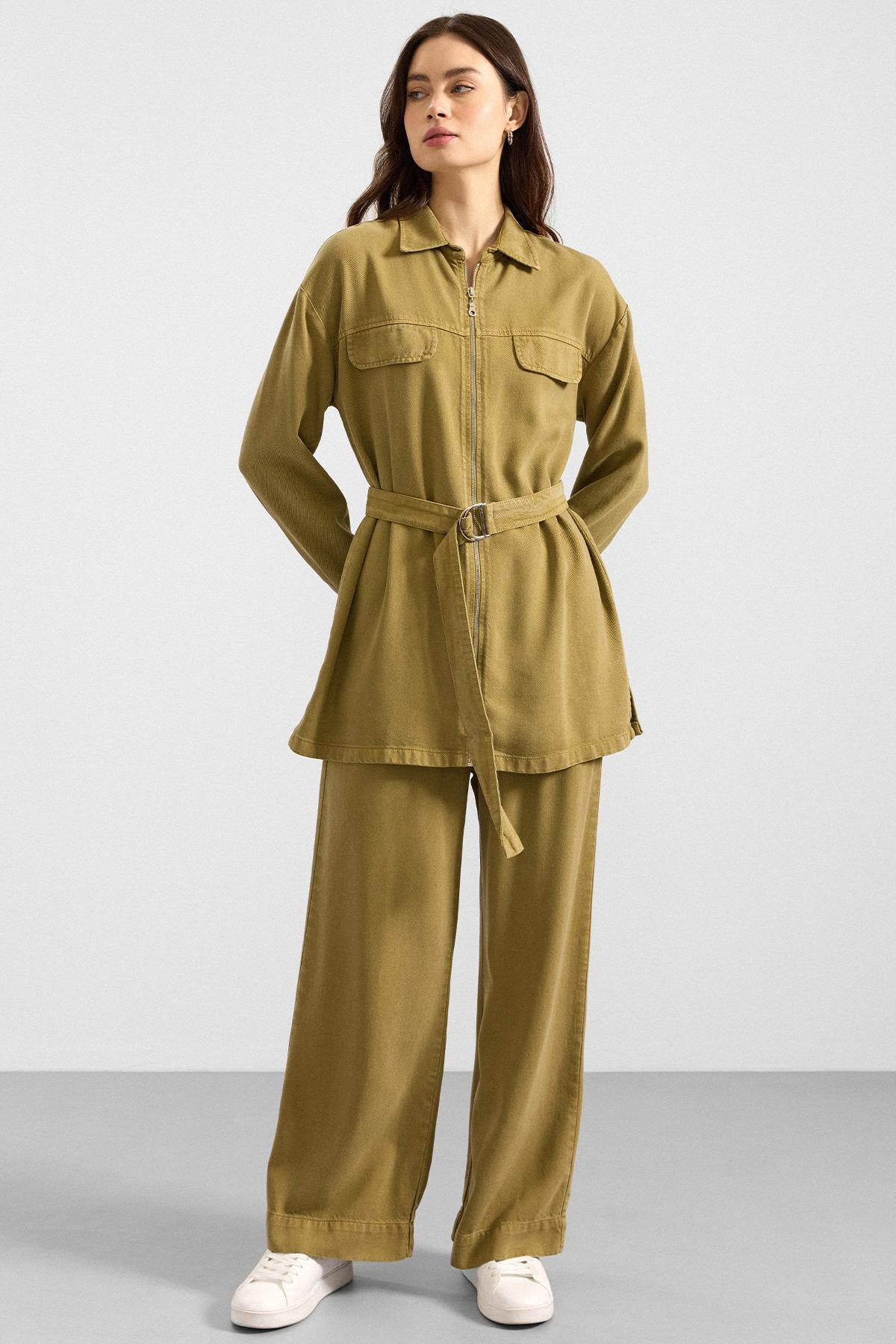 Fermuar Kapamalı Ceket Pantolon Soft Denim İkili Takım YAĞ YEŞİLİ 9395-TK