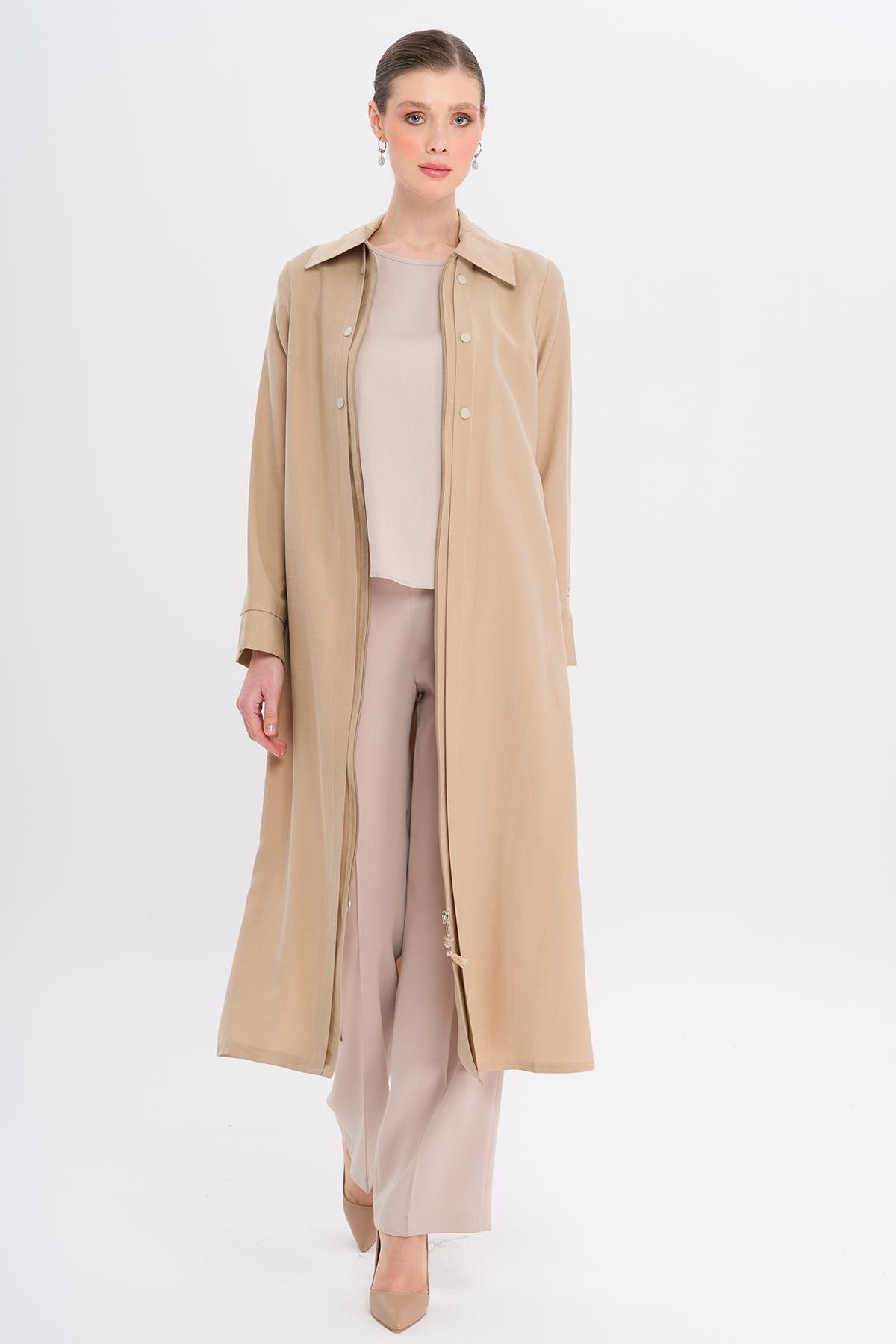 Unlined Modal Coat with Zipper Closure and Stitching Details IVORY 6721