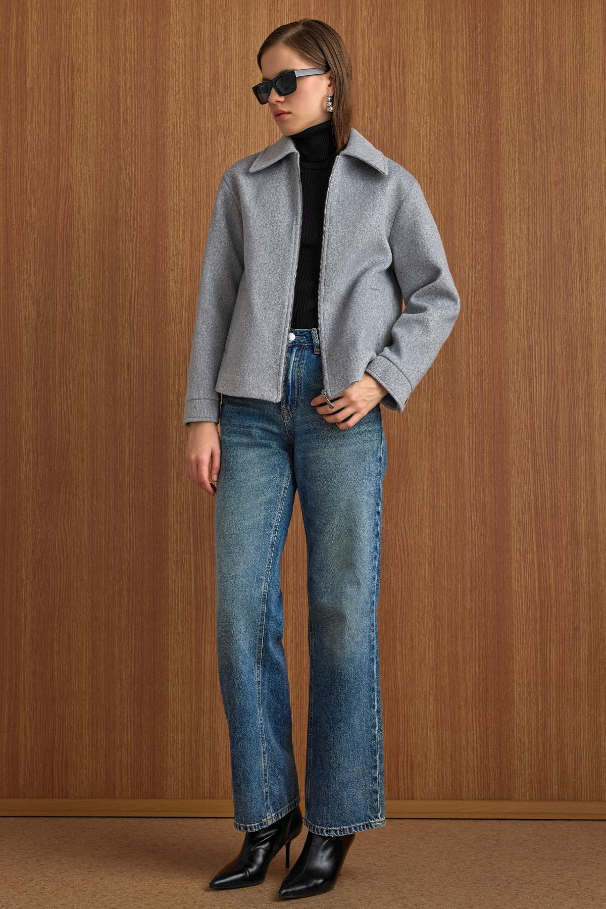 Fermuar Kapamalı Oversize Kısa Kaban AÇIK GRİ 3157