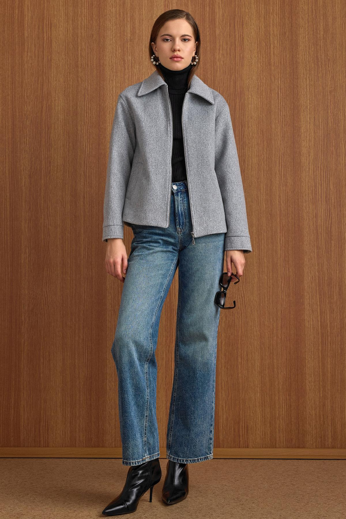 Fermuar Kapamalı Oversize Kısa Kaban AÇIK GRİ 3157