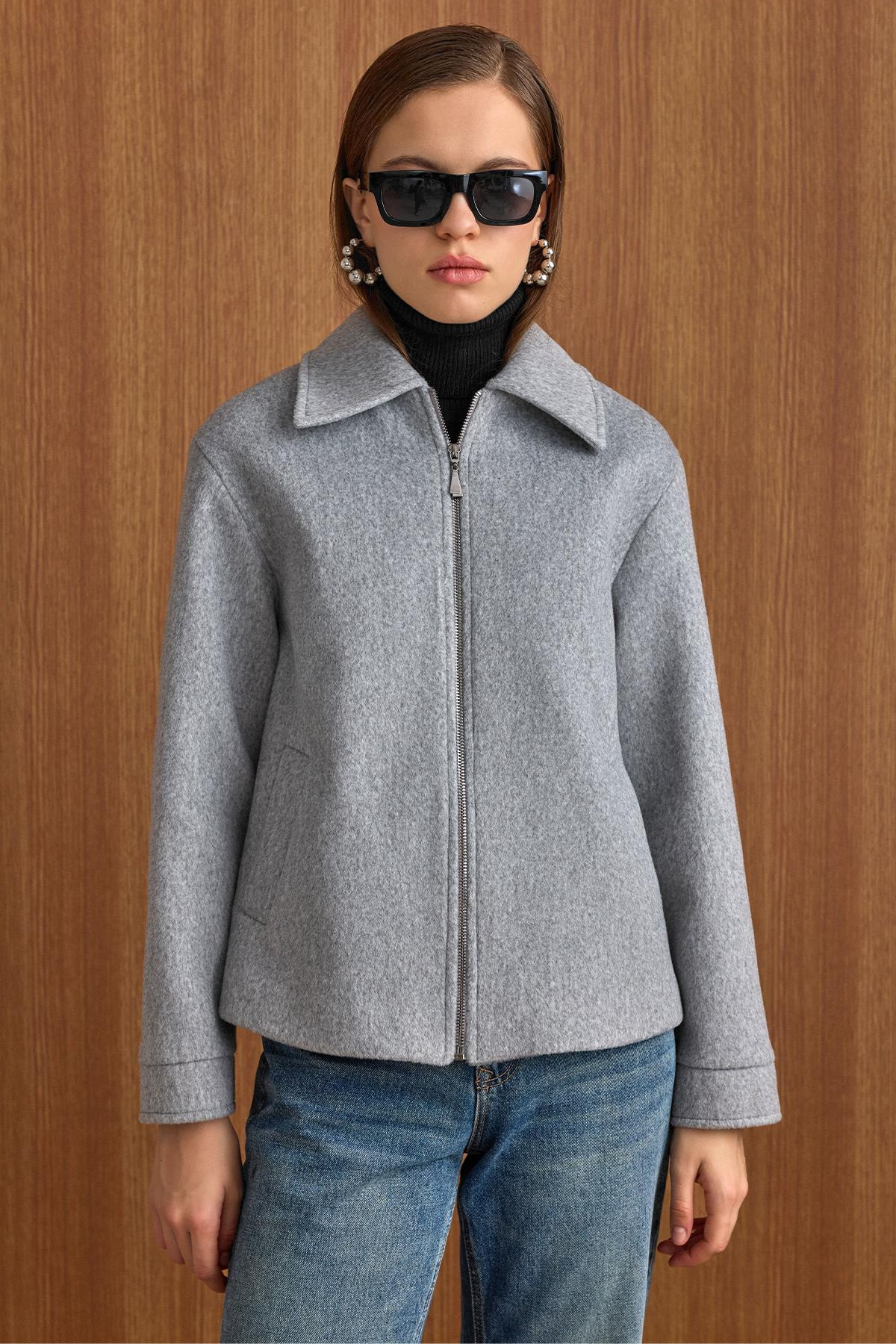 Fermuar Kapamalı Oversize Kısa Kaban AÇIK GRİ 3157