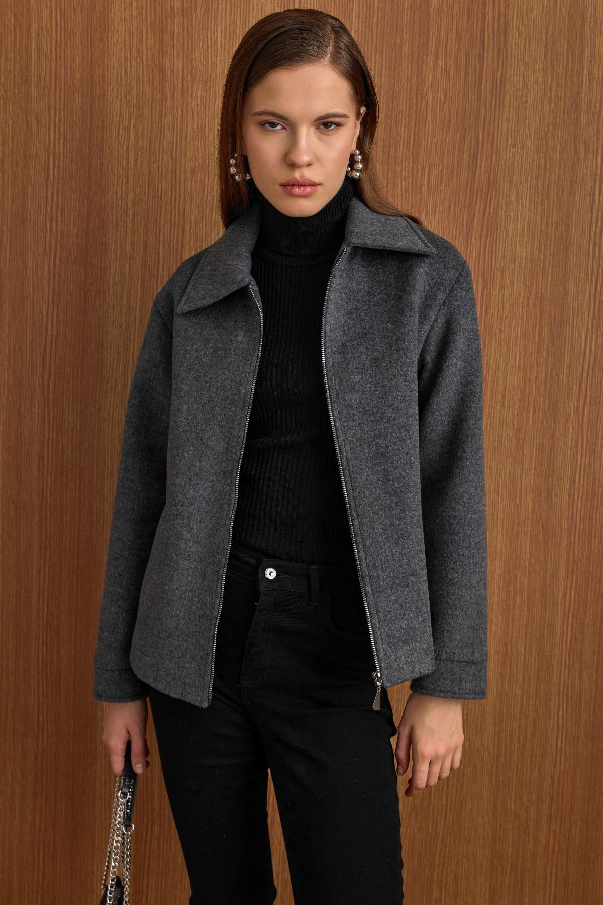 Fermuar Kapamalı Oversize Kısa Kaban KOYU GRİ 3157