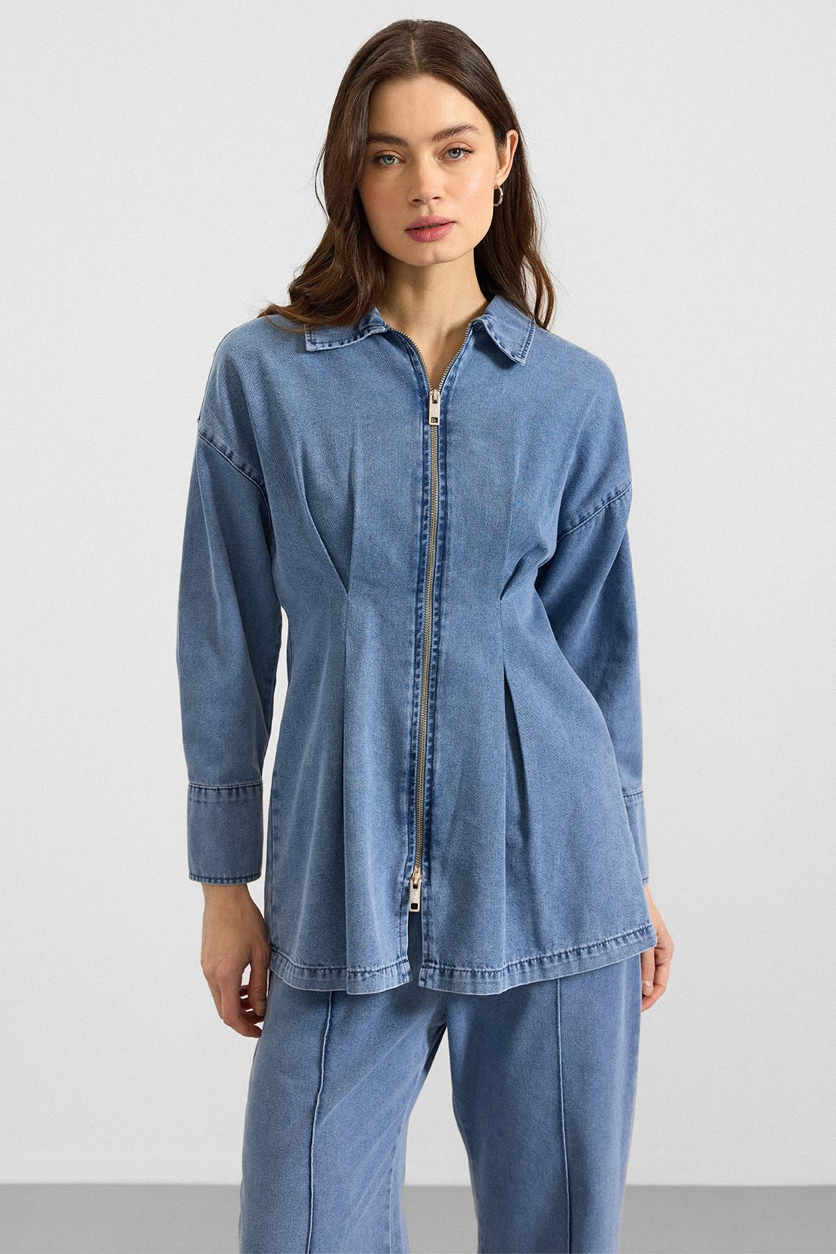 Fermuar ve Pens Detaylı Ceket Pantolon Denim İkili Takım AÇIK MAVİ 9396-TK