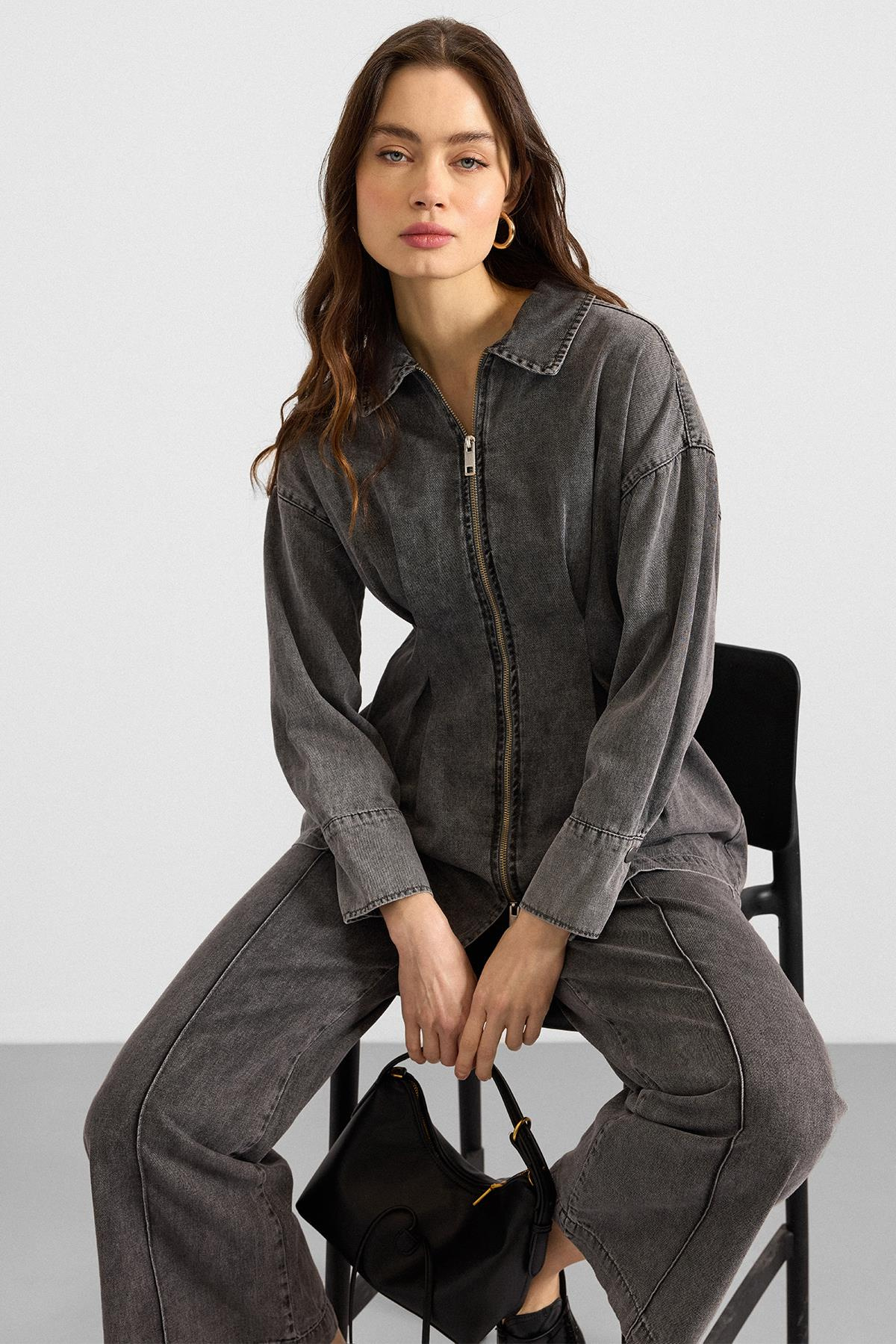 Fermuar ve Pens Detaylı Ceket Pantolon Denim İkili Takım GRİ 9396-TK