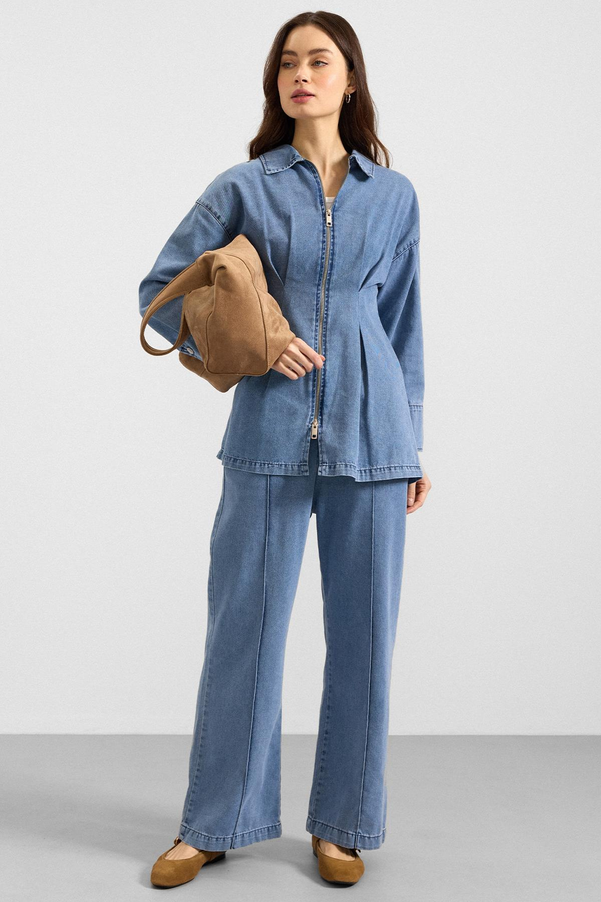 Fermuar ve Pens Detaylı Ceket Pantolon Denim İkili Takım AÇIK MAVİ 9396-TK