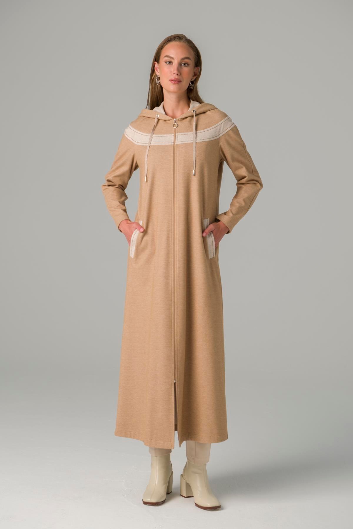 Zippered Garni Detailed Thick Knitted Unlined Coat CAMEL 6279