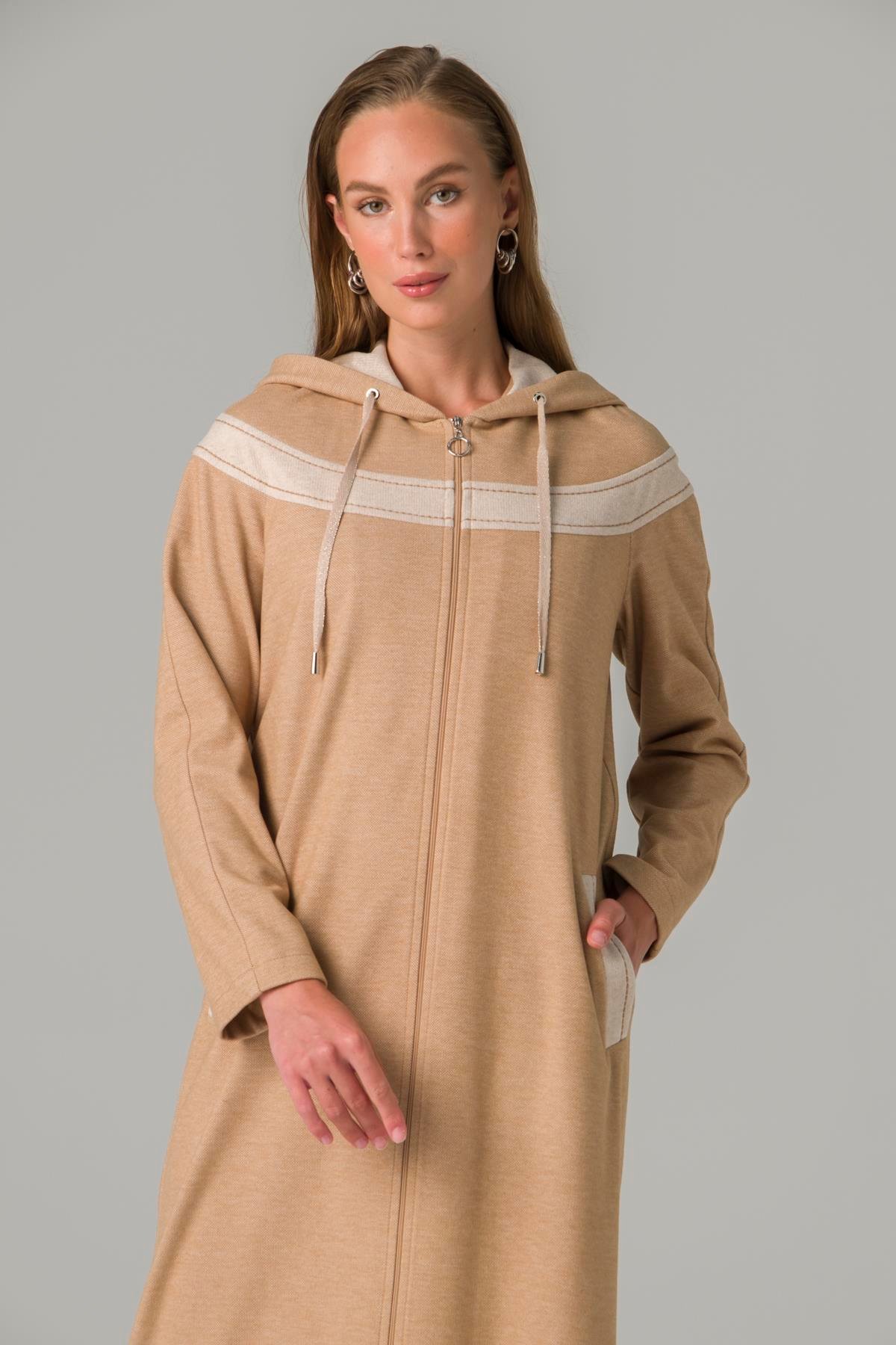 Zippered Garni Detailed Thick Knitted Unlined Coat CAMEL 6279