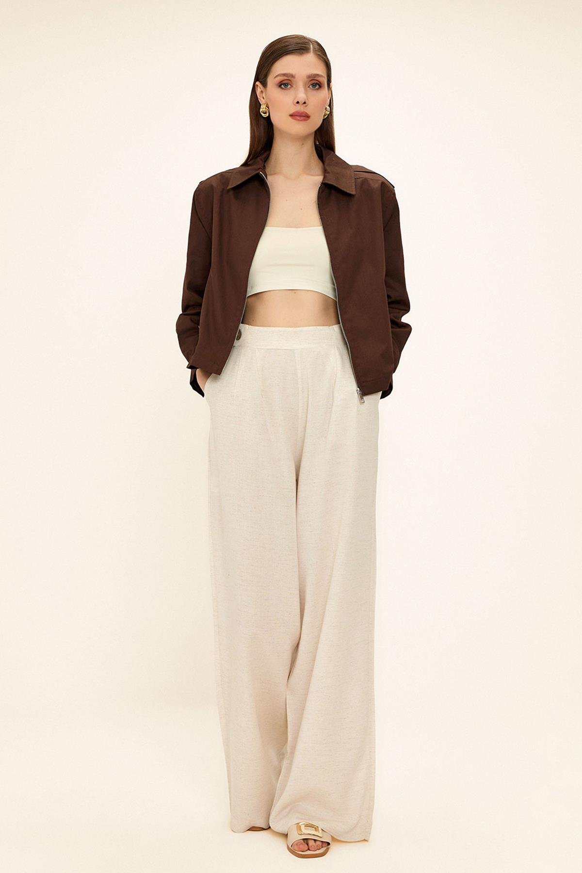 جاكيت قصير من الجبردين مع سحاب قهوة 8260