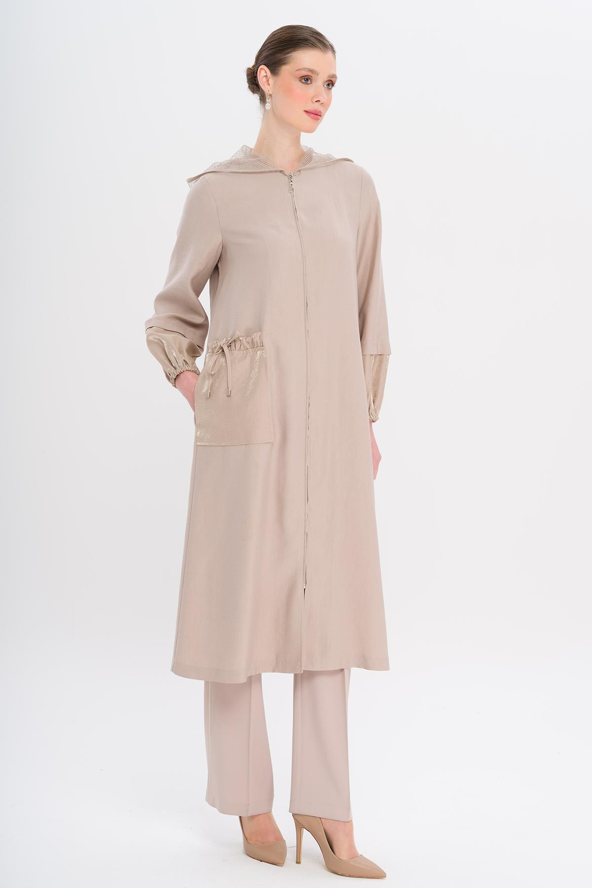 Mesh Hooded Garni Detailed Unlined Modal Coat STONE 6748