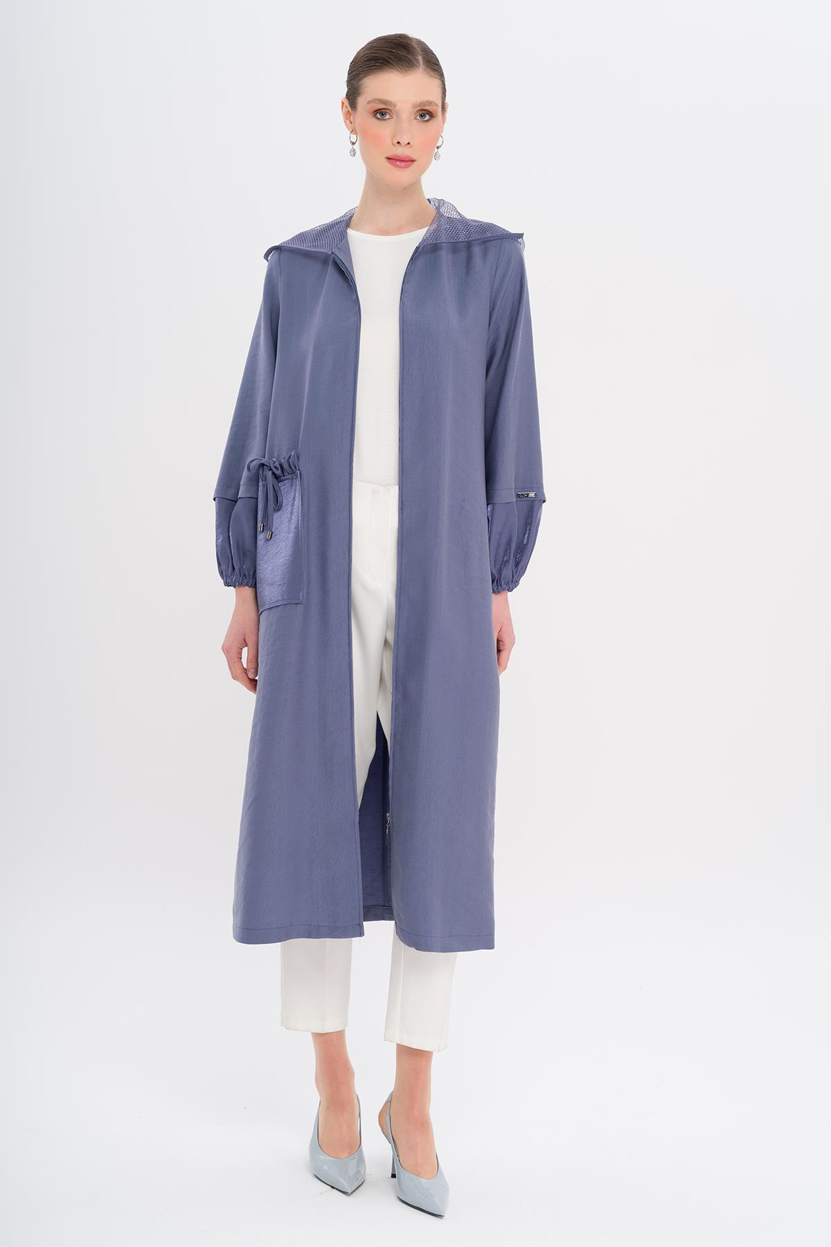 Mesh Hooded Garni Detailed Unlined Modal Coat İNDİGO 6748