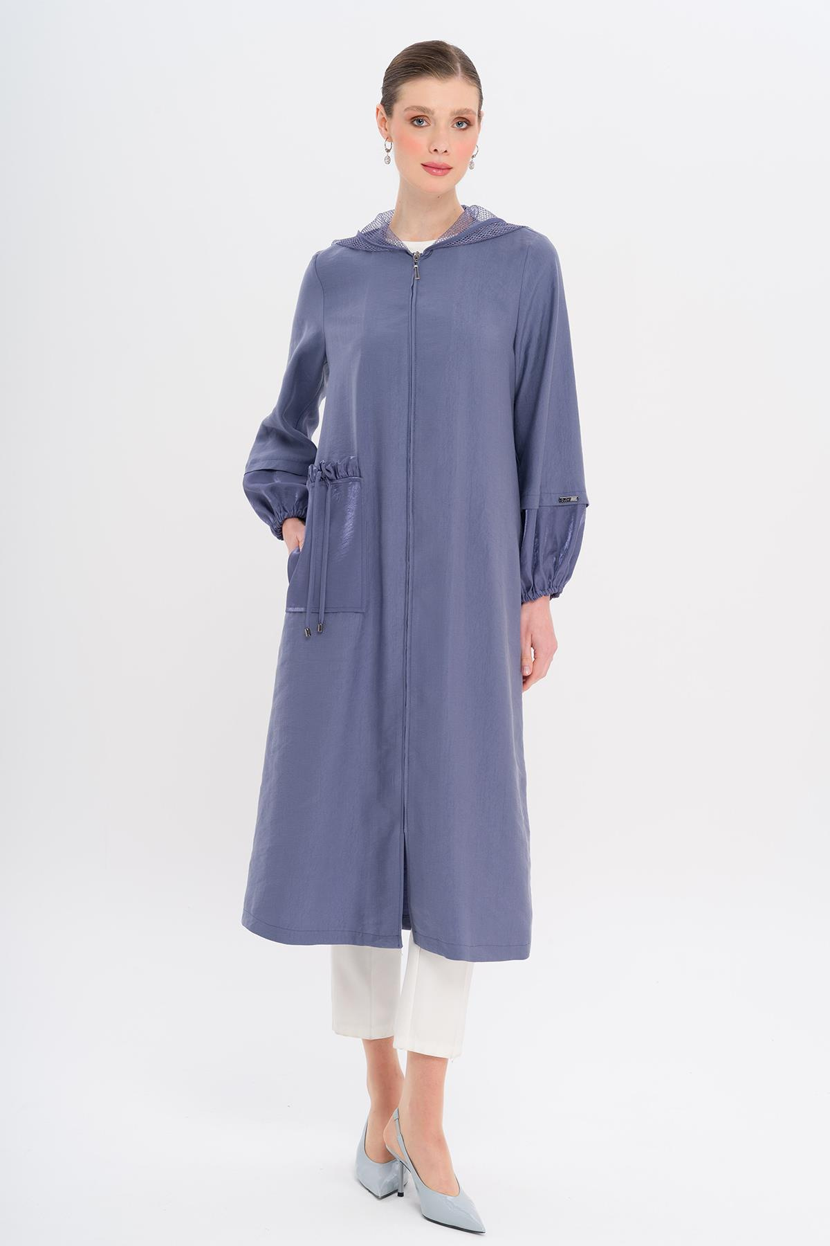 Mesh Hooded Garni Detailed Unlined Modal Coat İNDİGO 6748