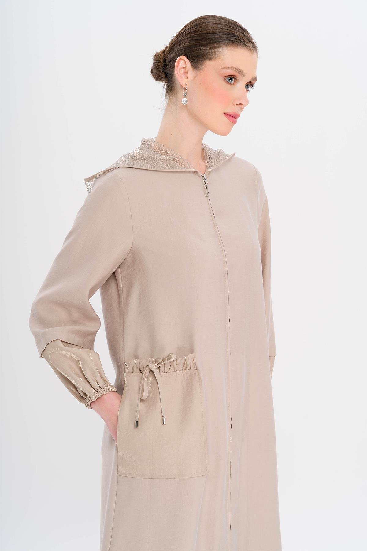 Mesh Hooded Garni Detailed Unlined Modal Coat STONE 6748