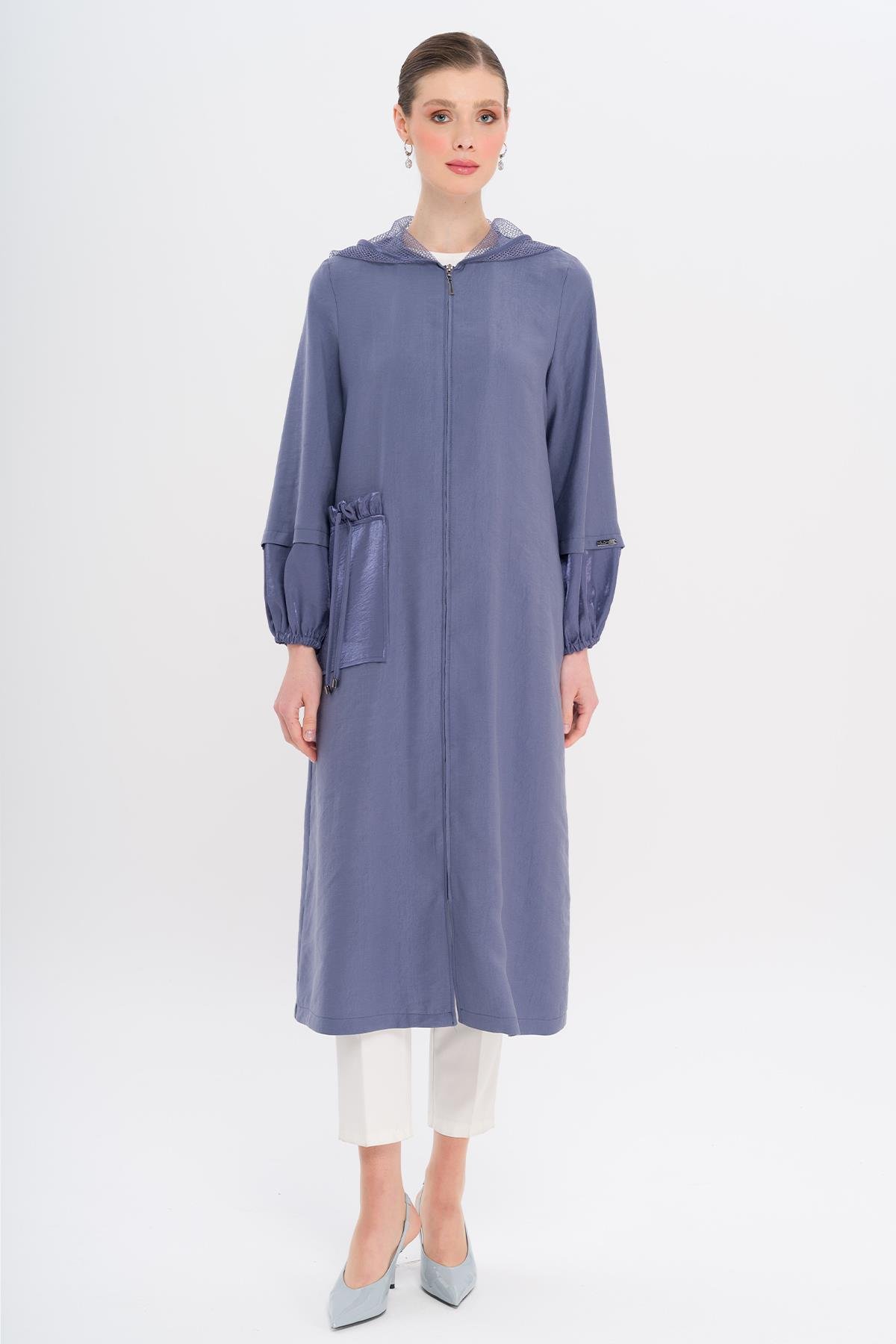 Mesh Hooded Garni Detailed Unlined Modal Coat İNDİGO 6748
