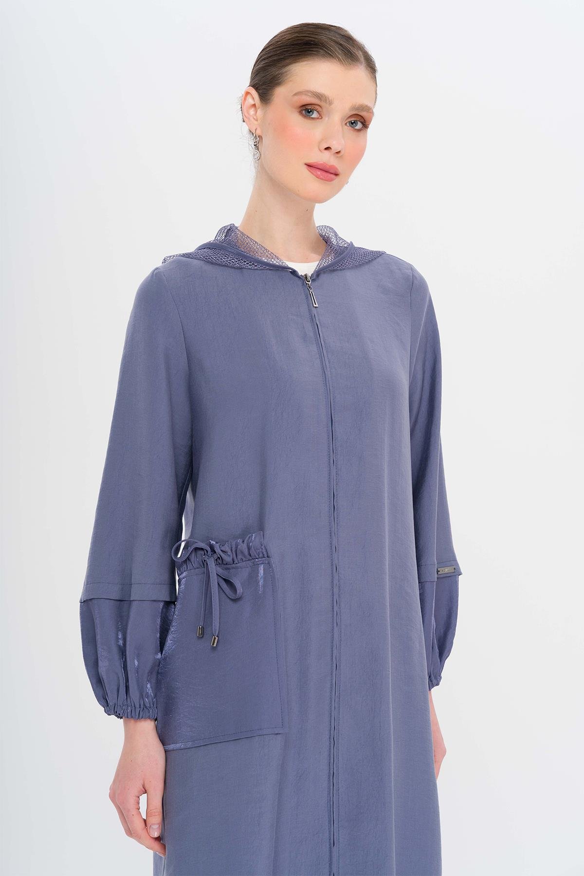 Mesh Hooded Garni Detailed Unlined Modal Coat İNDİGO 6748