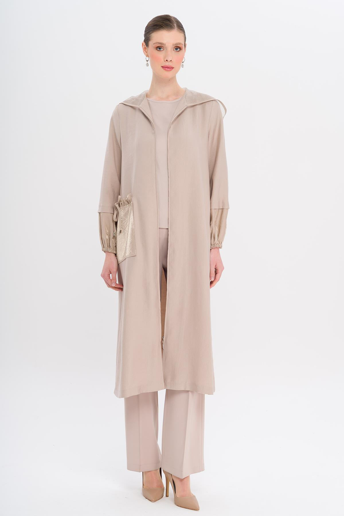 Mesh Hooded Garni Detailed Unlined Modal Coat STONE 6748
