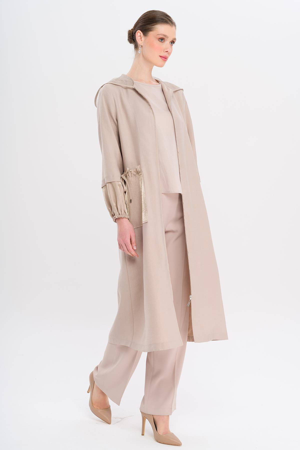 Mesh Hooded Garni Detailed Unlined Modal Coat STONE 6748