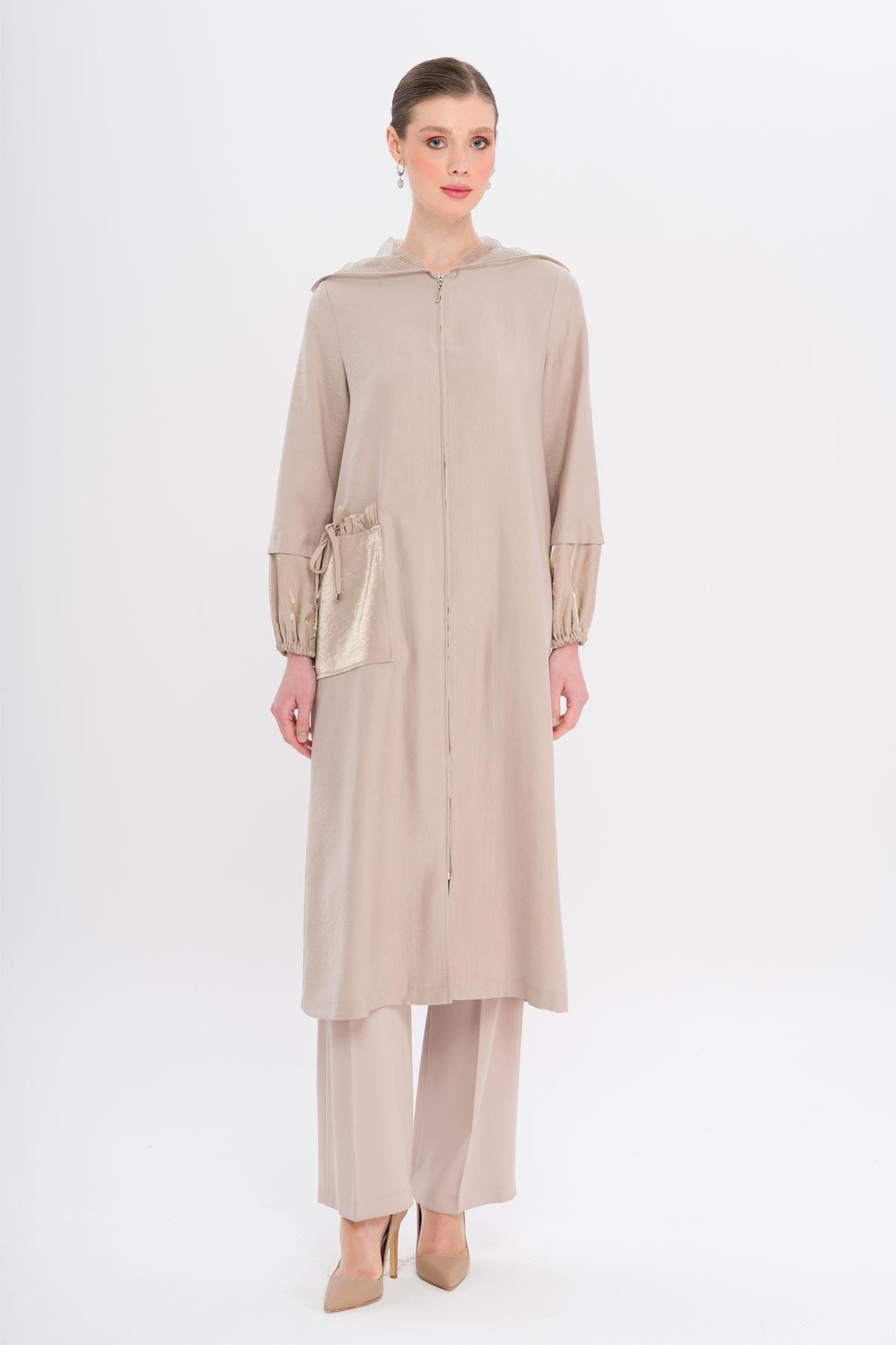 Mesh Hooded Garni Detailed Unlined Modal Coat STONE 6748