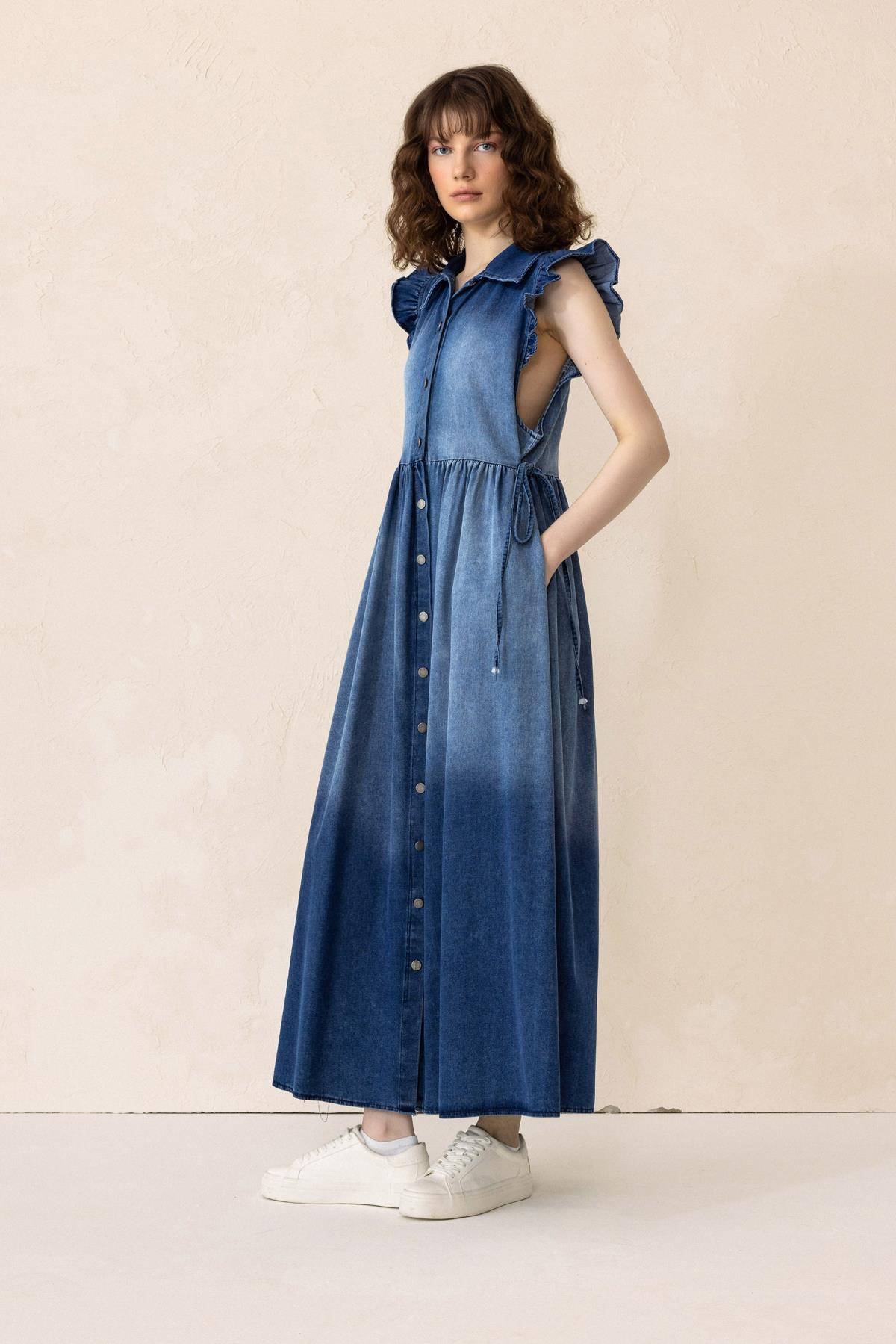 Sleeveless Denim Dress with Ruffle Detail BLUE 9296-E