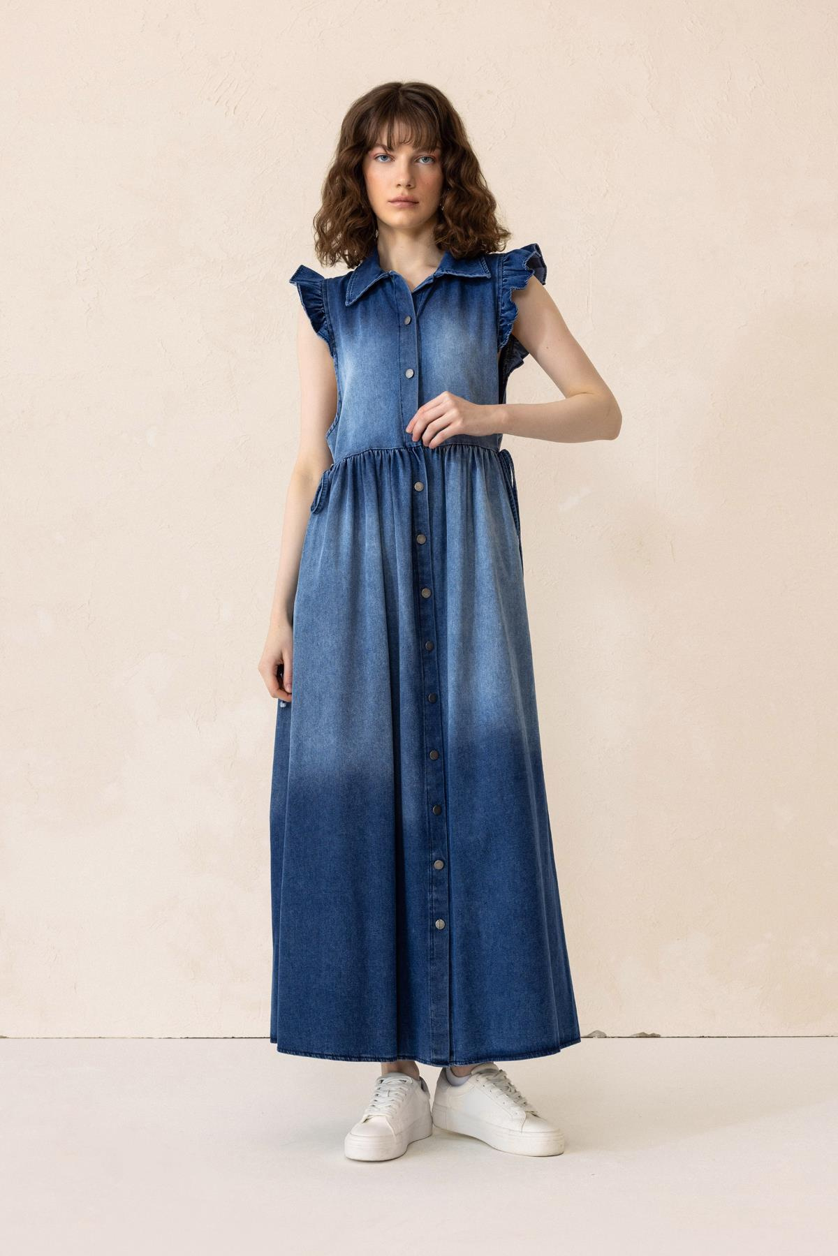 Sleeveless Denim Dress with Ruffle Detail BLUE 9296-E