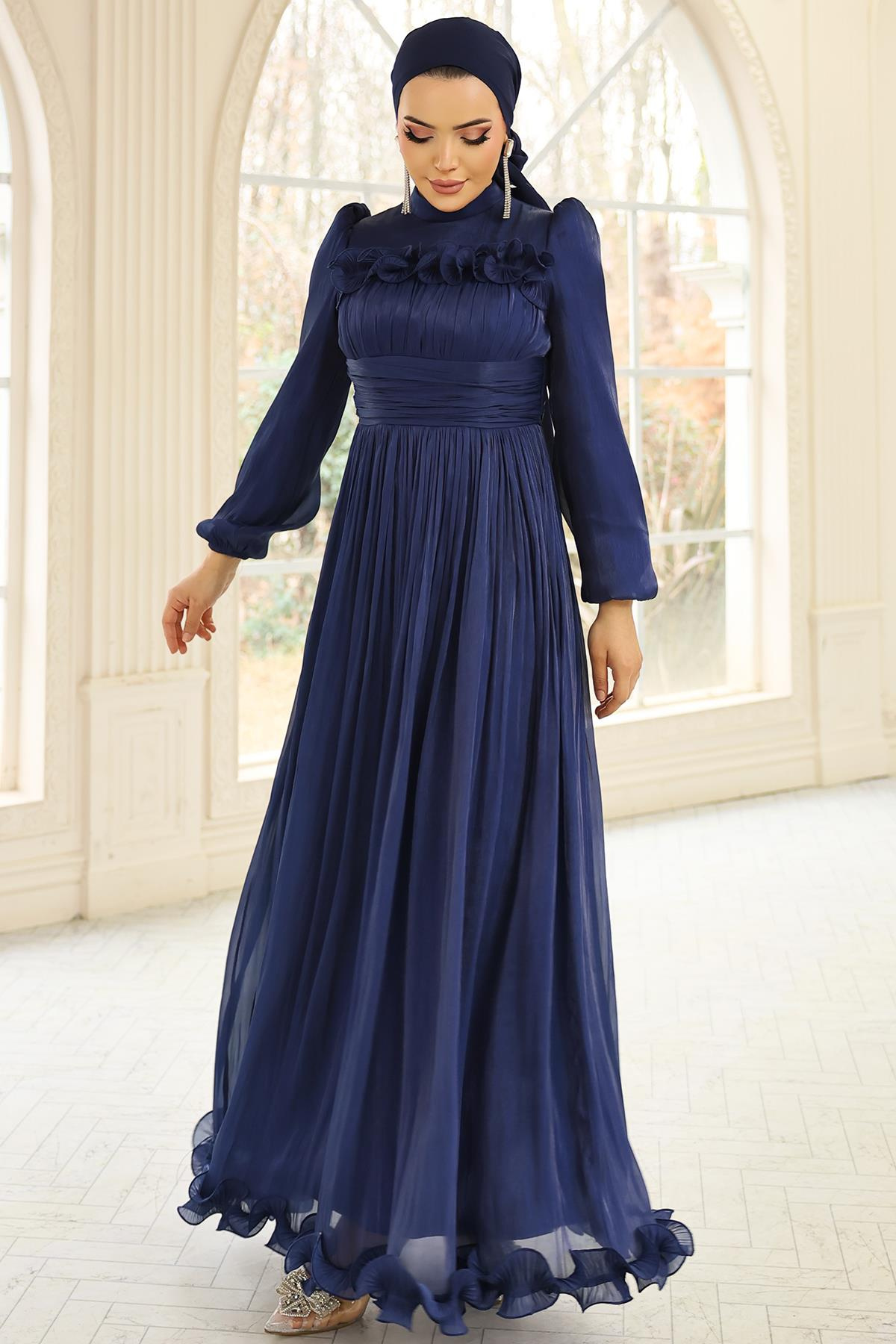 Fırfır ve Pilise Detaylı Yoryo İpek Tesettür Abiye Elbise K. İNDİGO 1250