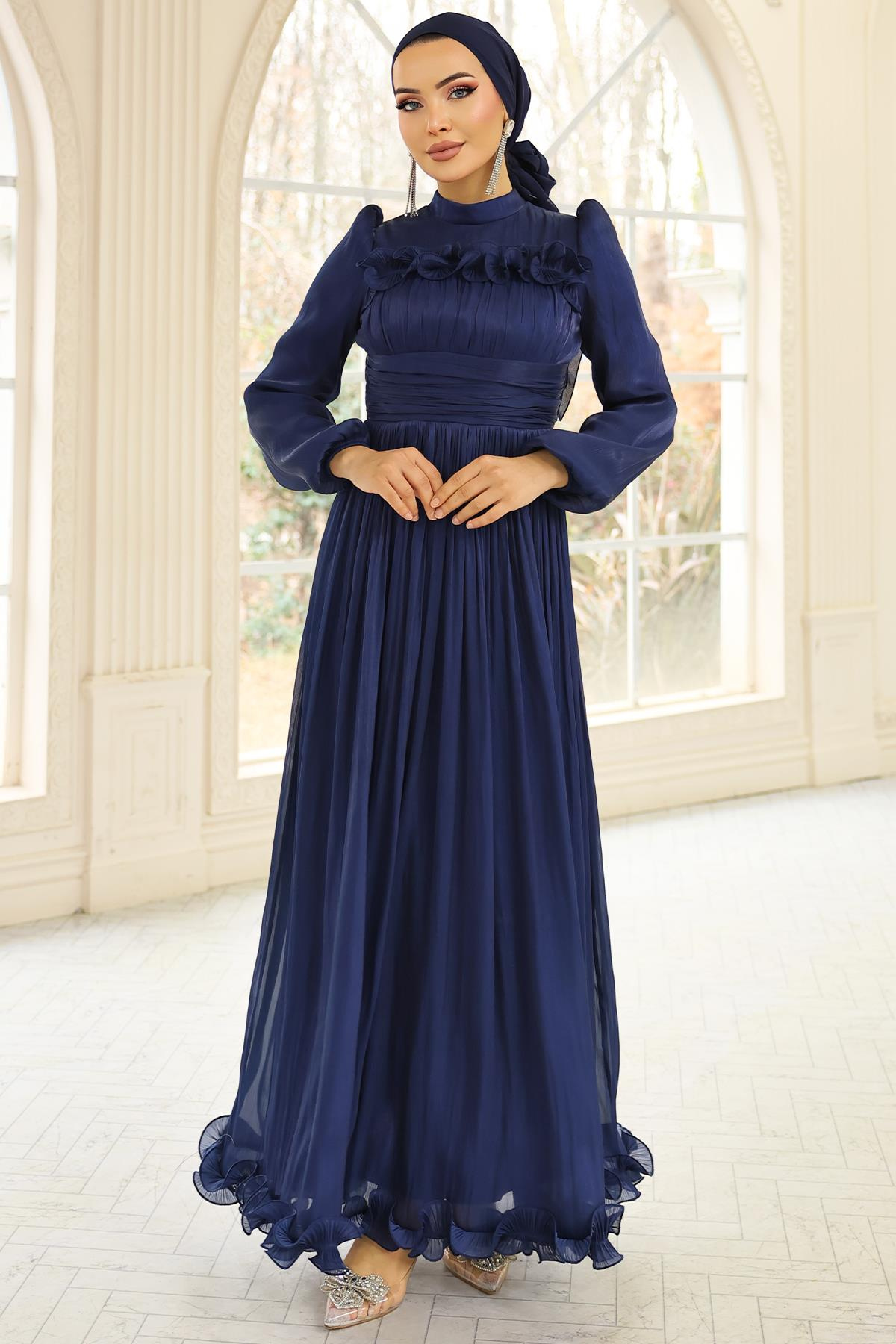 Fırfır ve Pilise Detaylı Yoryo İpek Tesettür Abiye Elbise K. İNDİGO 1250