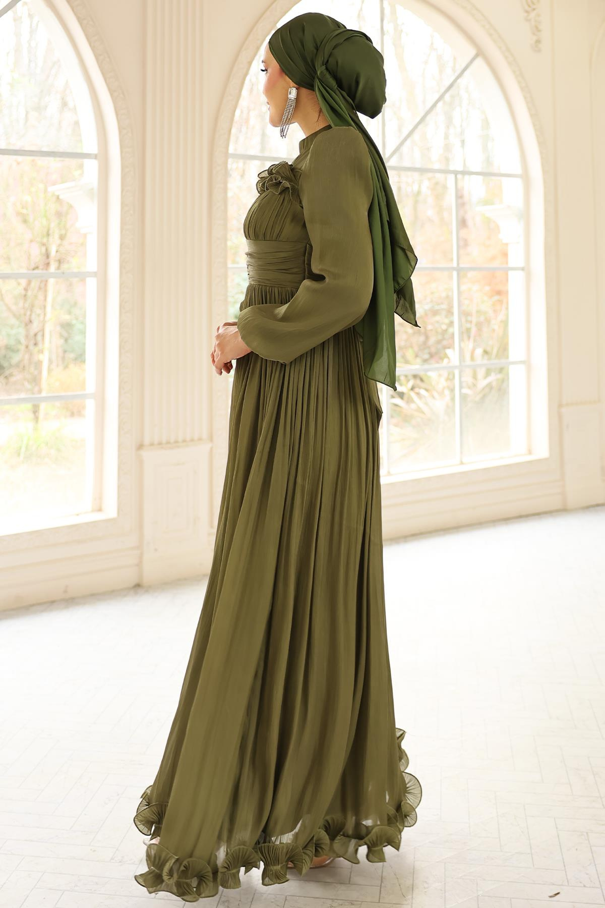 Fırfır ve Pilise Detaylı Yoryo İpek Tesettür Abiye Elbise YEŞİL 1250