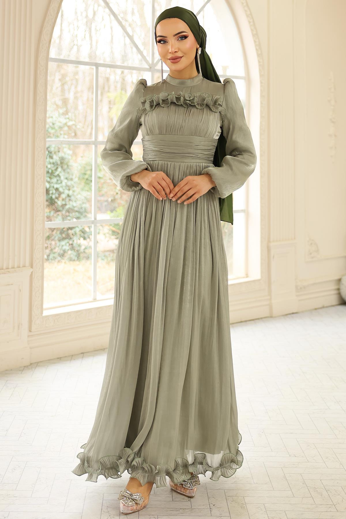 Fırfır ve Pilise Detaylı Yoryo İpek Tesettür Abiye Elbise AÇIK YEŞİL 1250