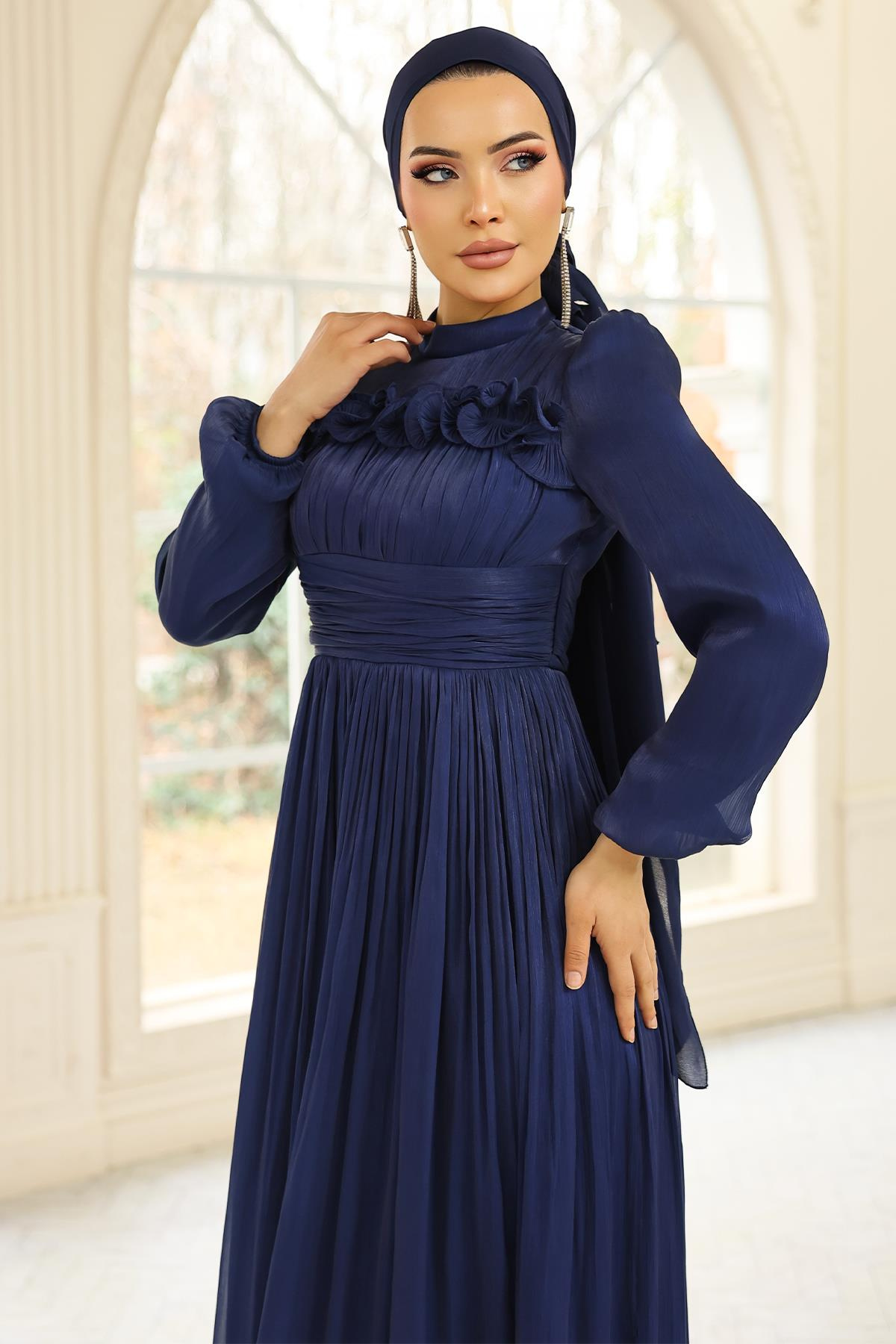 Fırfır ve Pilise Detaylı Yoryo İpek Tesettür Abiye Elbise K. İNDİGO 1250