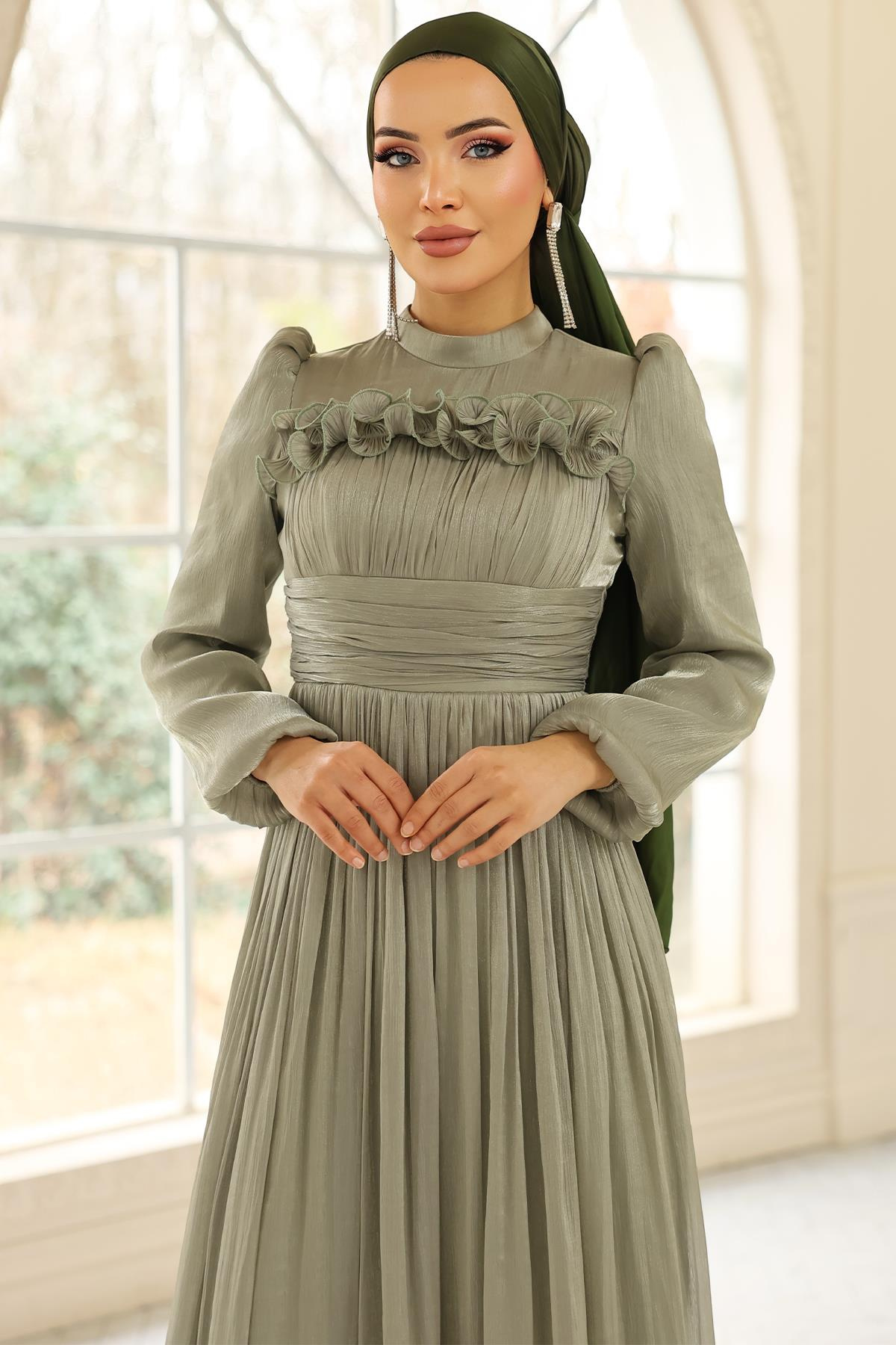 Fırfır ve Pilise Detaylı Yoryo İpek Tesettür Abiye Elbise AÇIK YEŞİL 1250