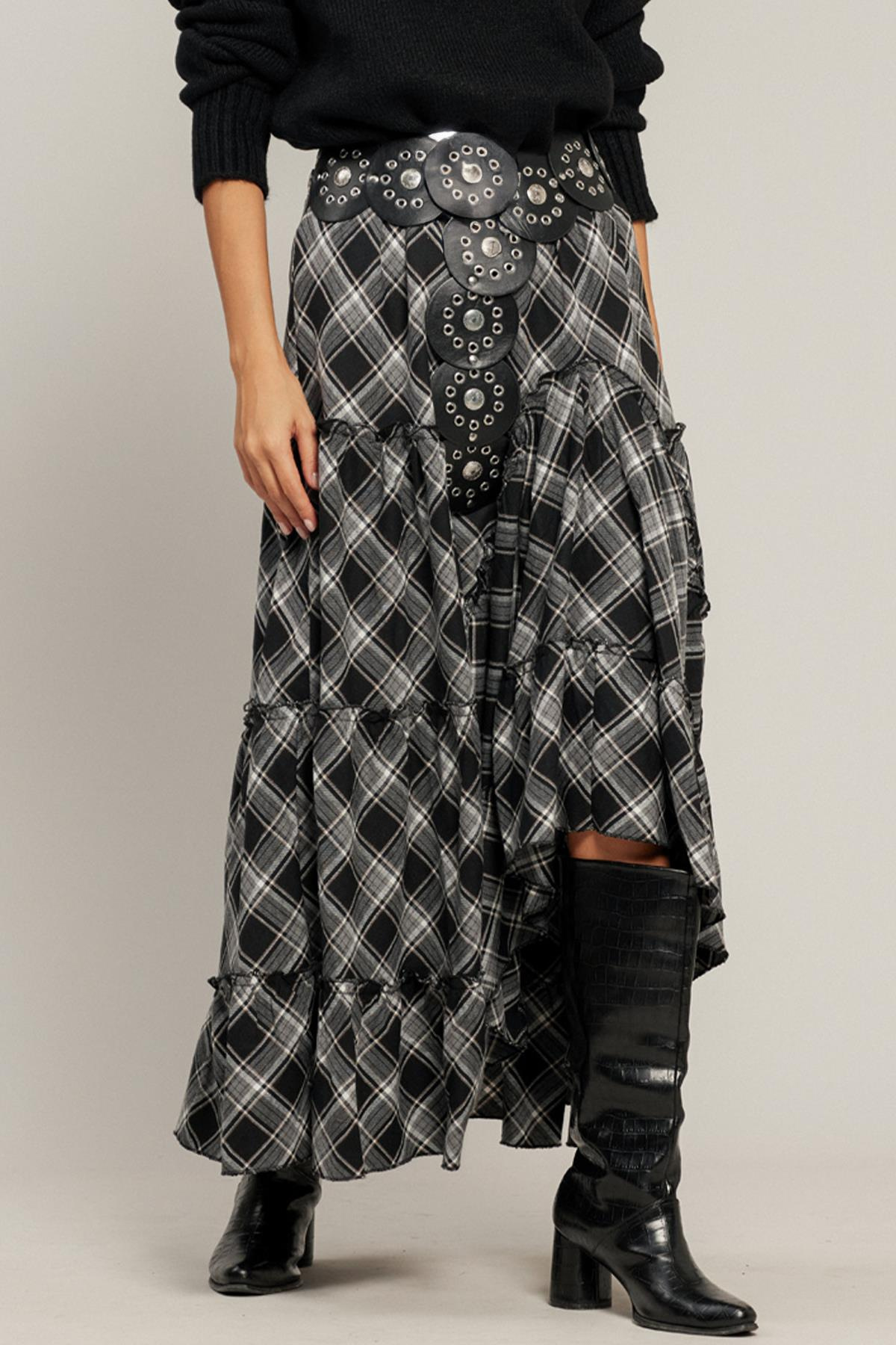 Fırfırlı Volanlı Ekose Etek SİYAH 7067