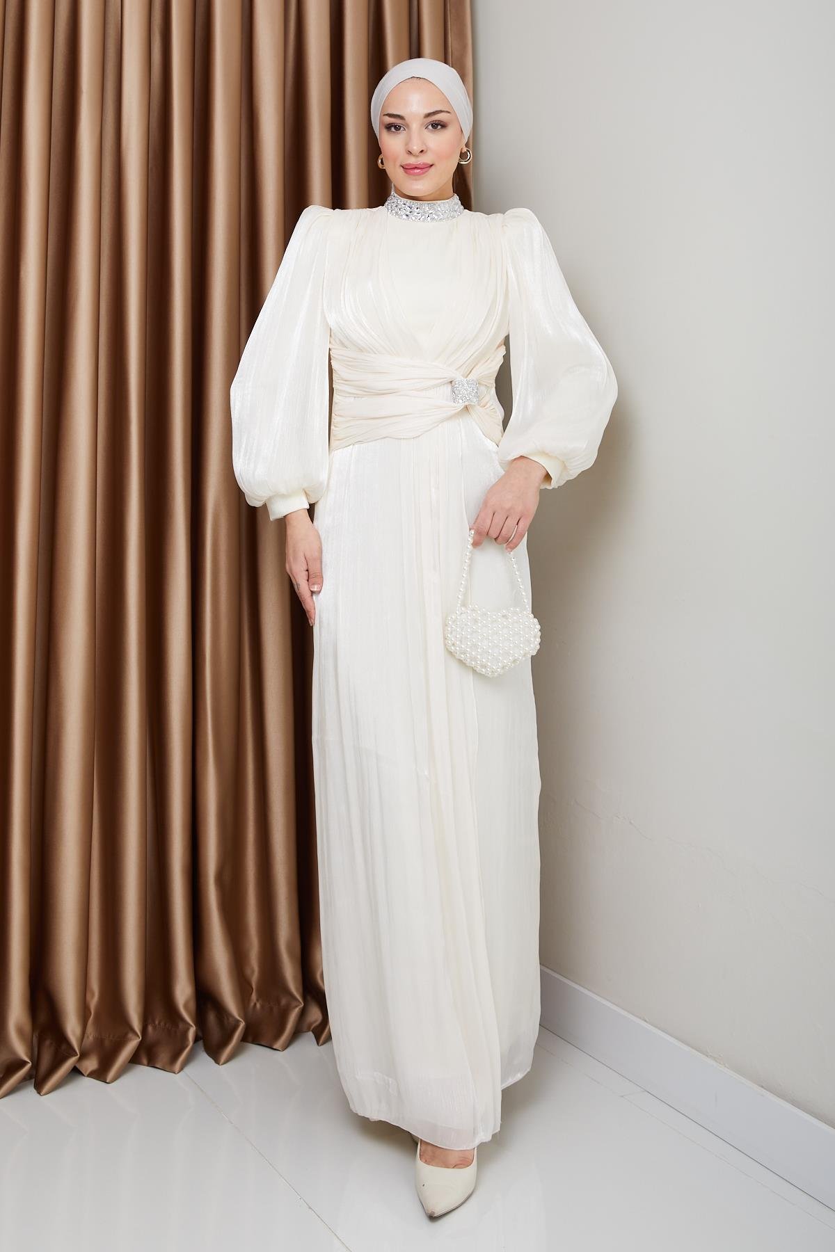 Yoryo Silk Hijab Evening Dress with Bow and Stone Collar IVORY 1236