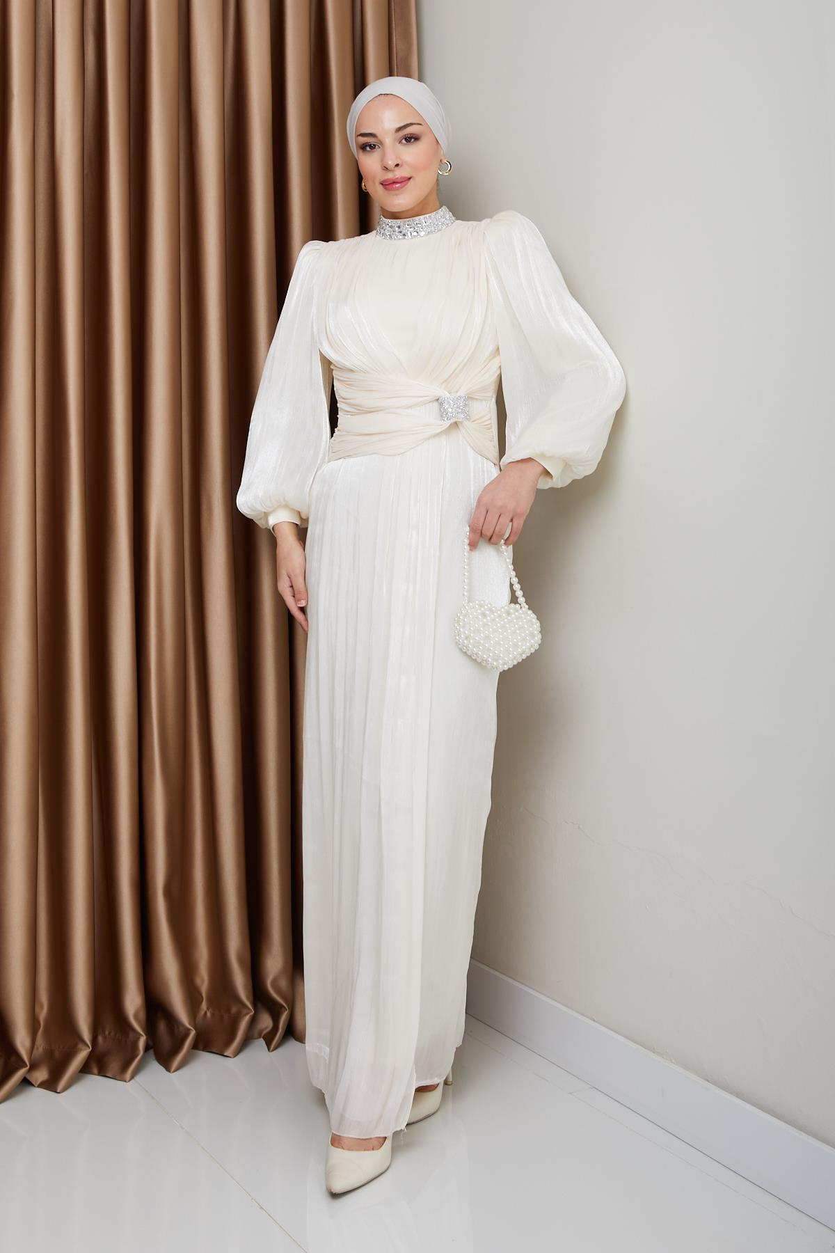 Yoryo Silk Hijab Evening Dress with Bow and Stone Collar IVORY 1236