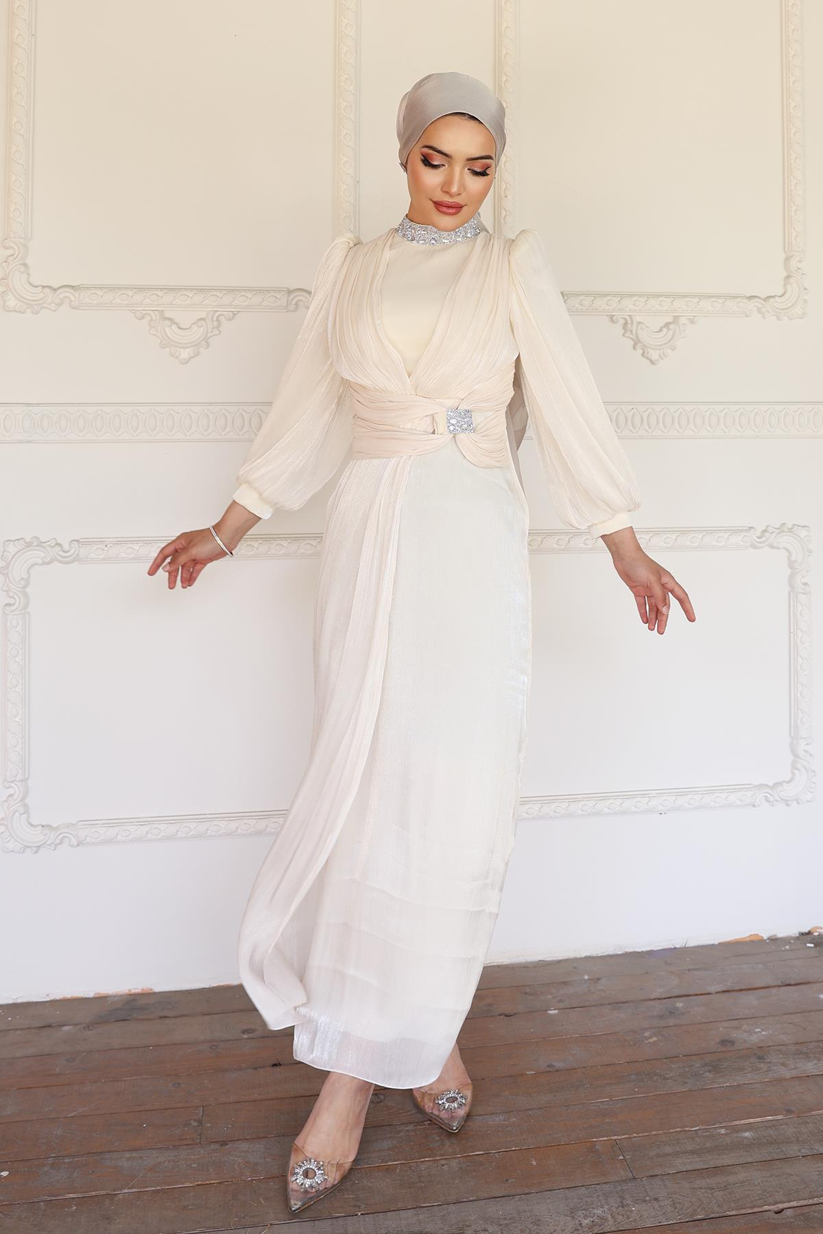 Yoryo Silk Hijab Evening Dress with Bow and Stone Collar IVORY 1236