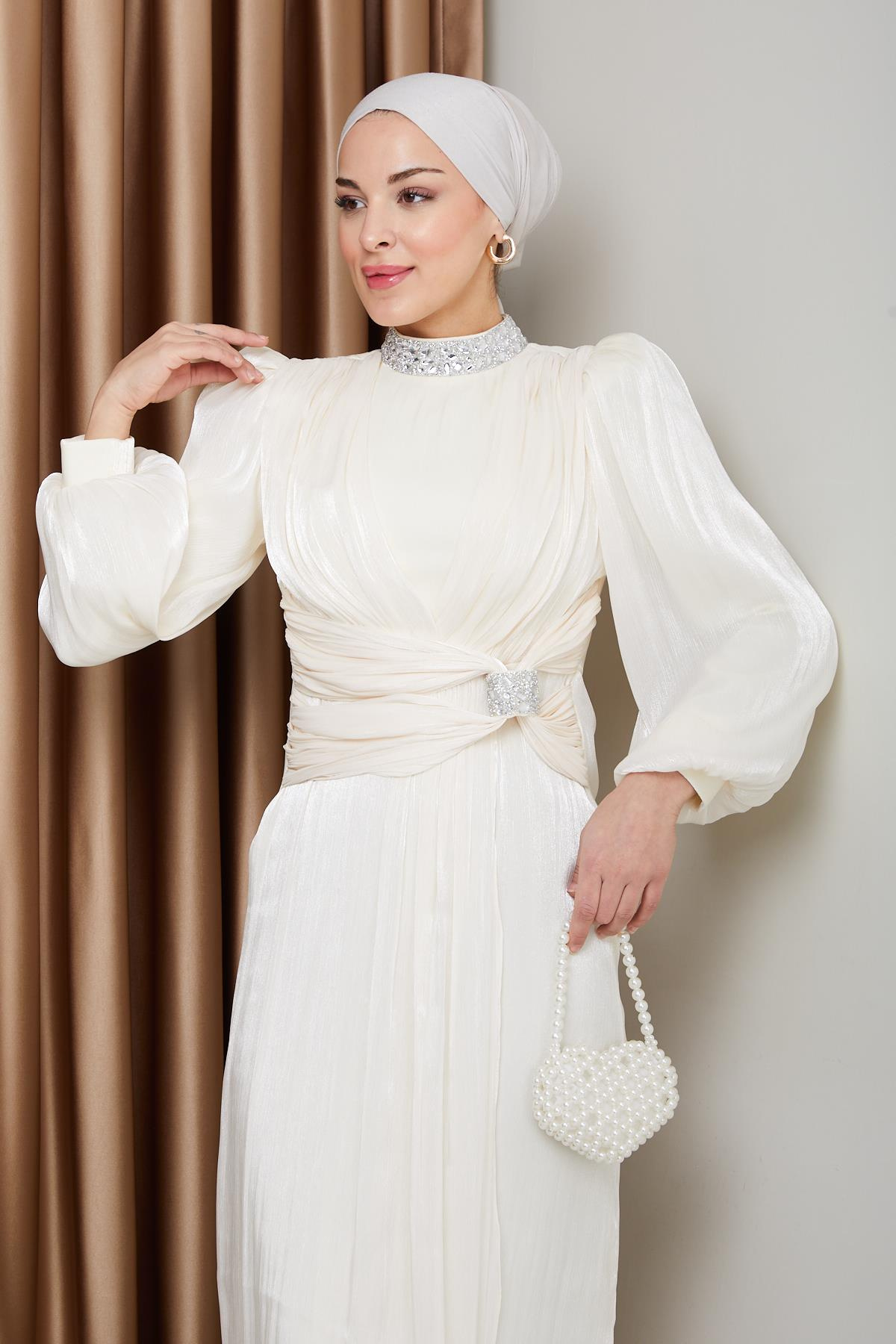 Yoryo Silk Hijab Evening Dress with Bow and Stone Collar IVORY 1236