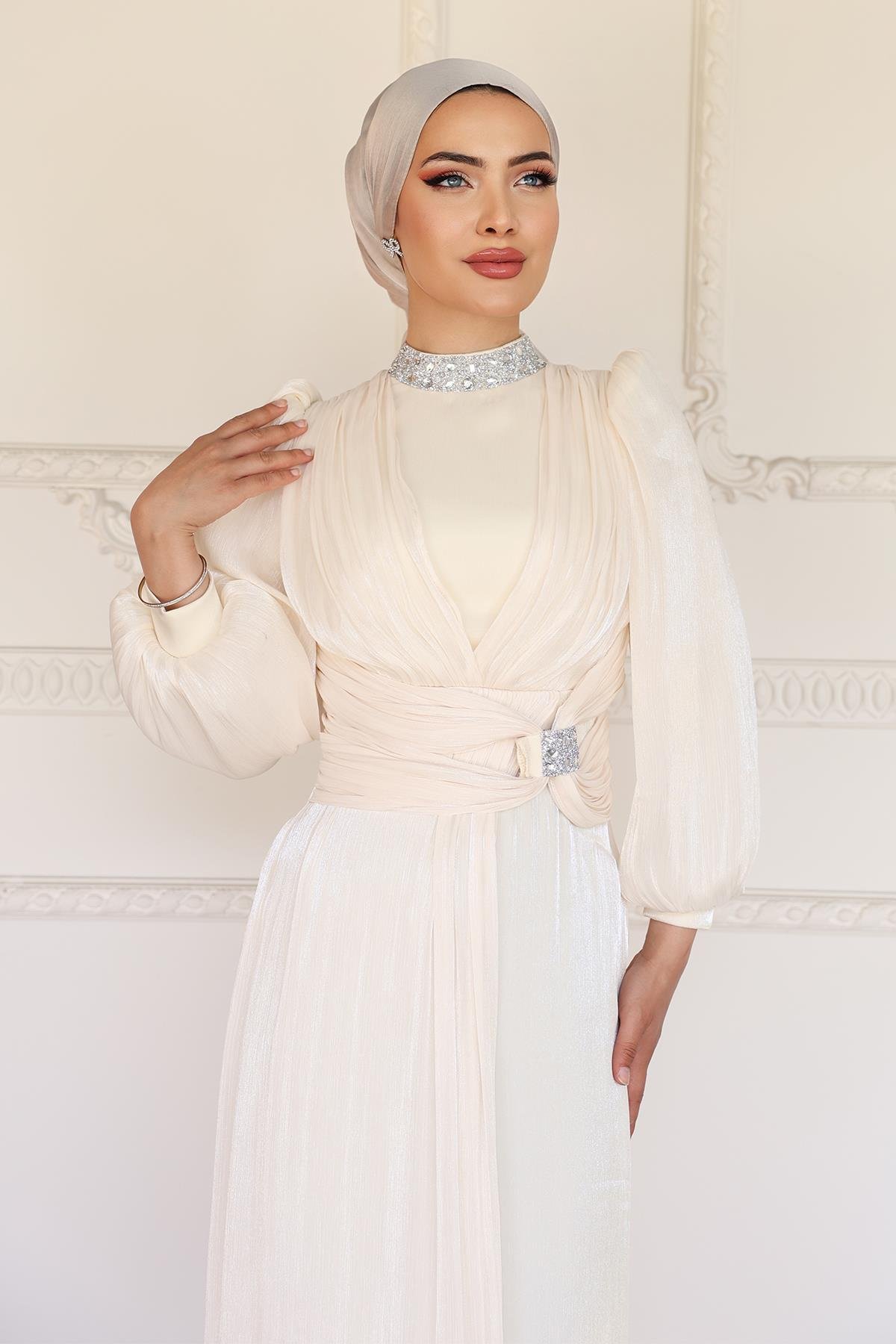Yoryo Silk Hijab Evening Dress with Bow and Stone Collar IVORY 1236