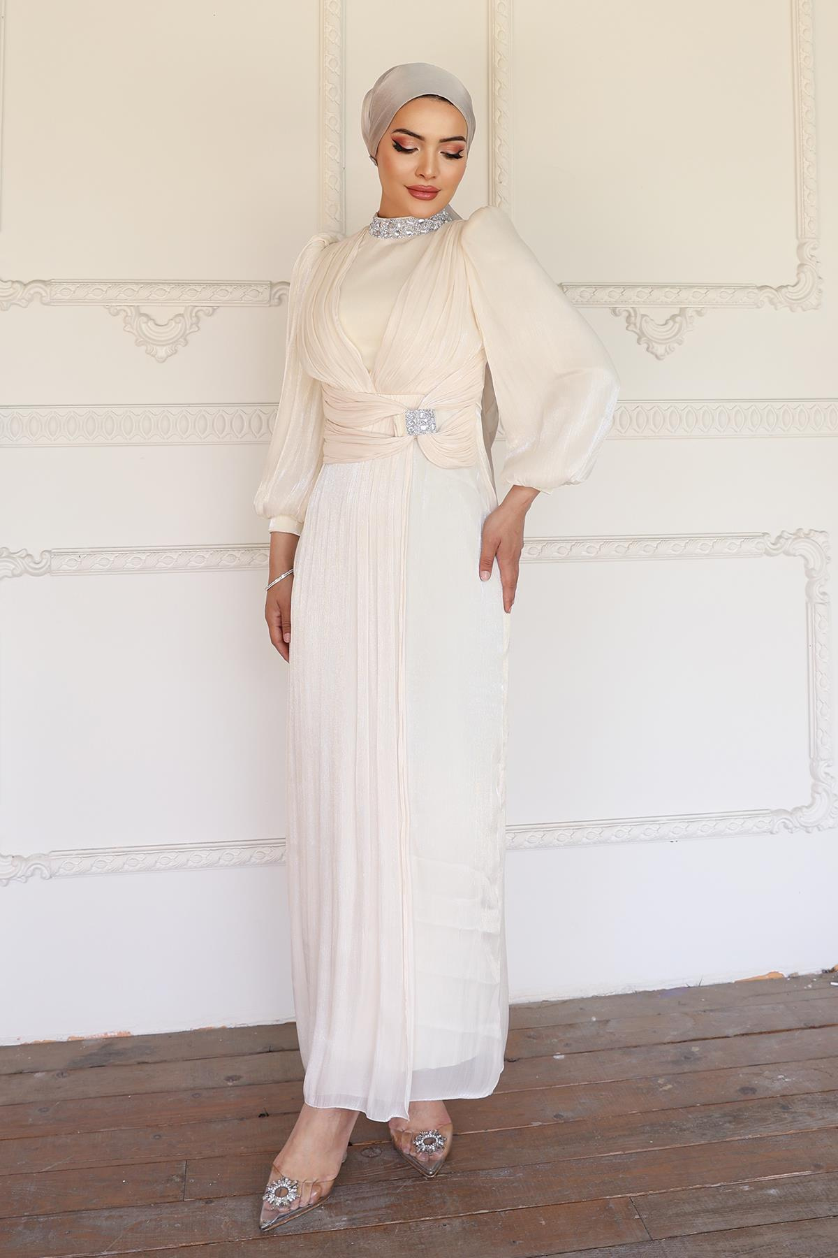 Yoryo Silk Hijab Evening Dress with Bow and Stone Collar IVORY 1236