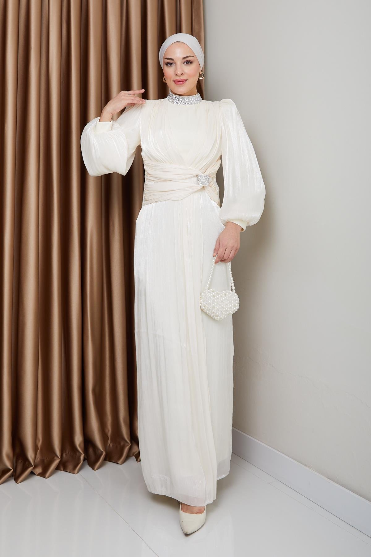 Yoryo Silk Hijab Evening Dress with Bow and Stone Collar IVORY 1236