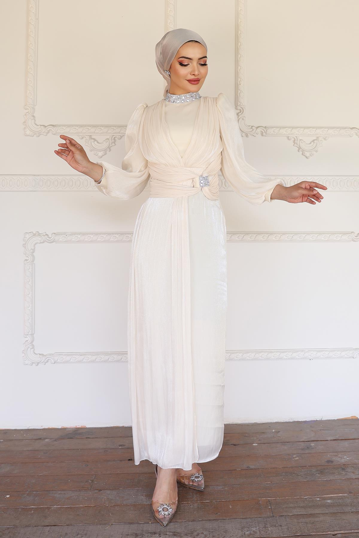 Yoryo Silk Hijab Evening Dress with Bow and Stone Collar IVORY 1236