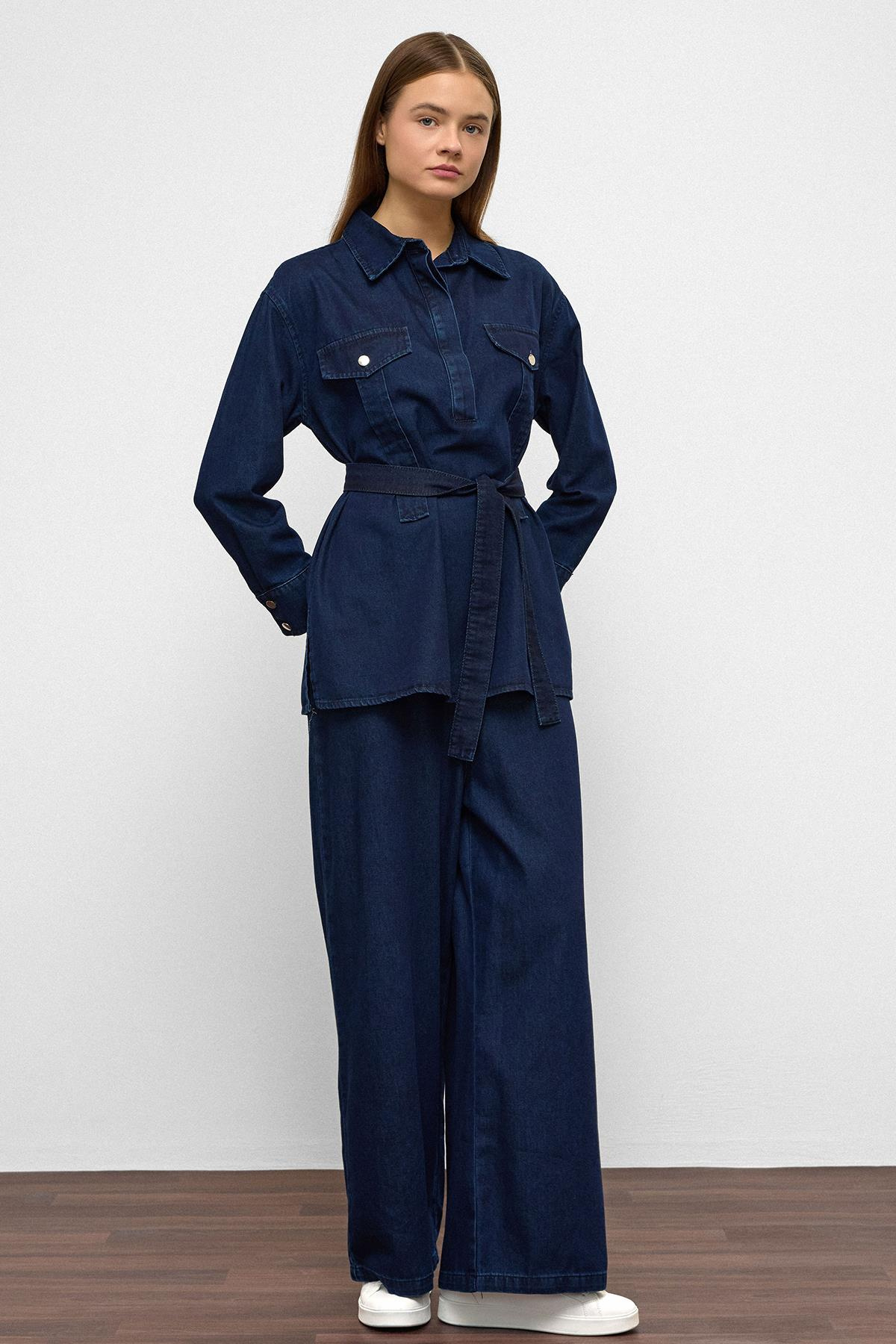 Wide Leg Denim Trousers Two Piece Set DARK BLUE 9379-TK