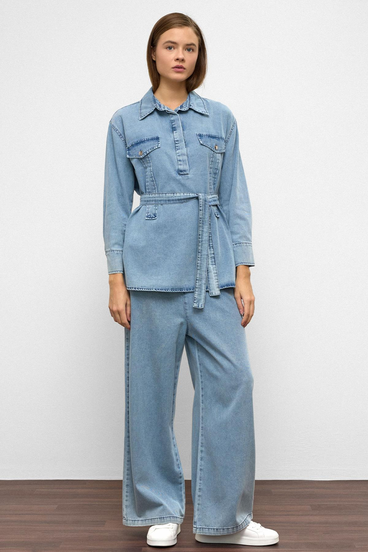 Wide Leg Denim Trousers Two Piece Set BLUE 9379-TK