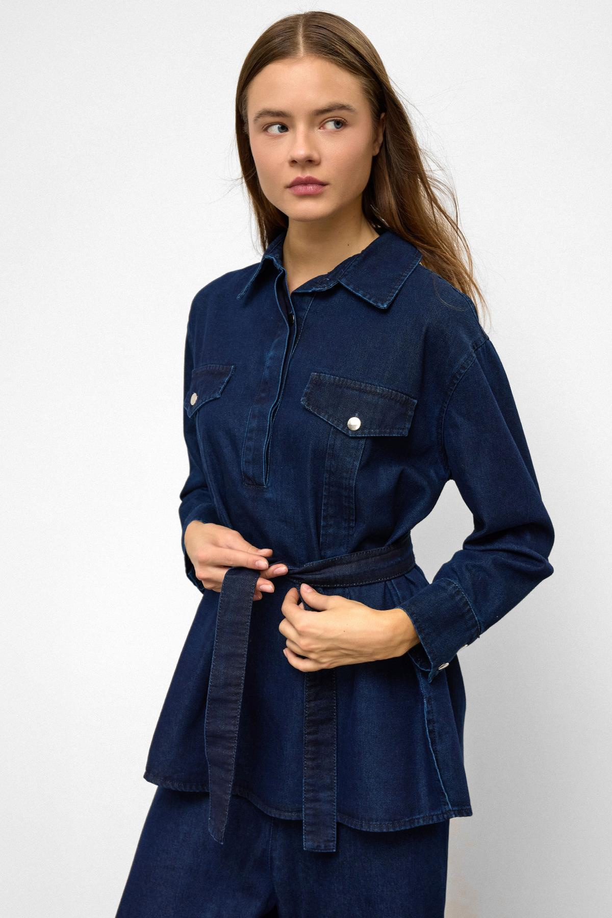 Wide Leg Denim Trousers Two Piece Set DARK BLUE 9379-TK