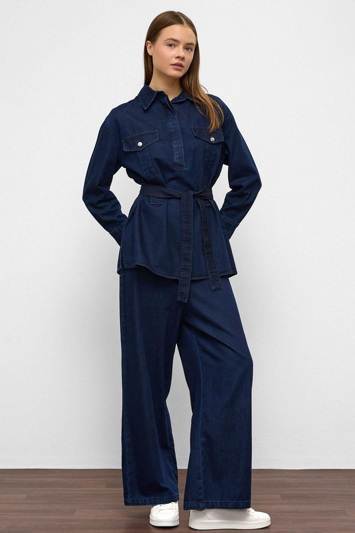 Wide Leg Denim Trousers Two Piece Set DARK BLUE 9379-TK