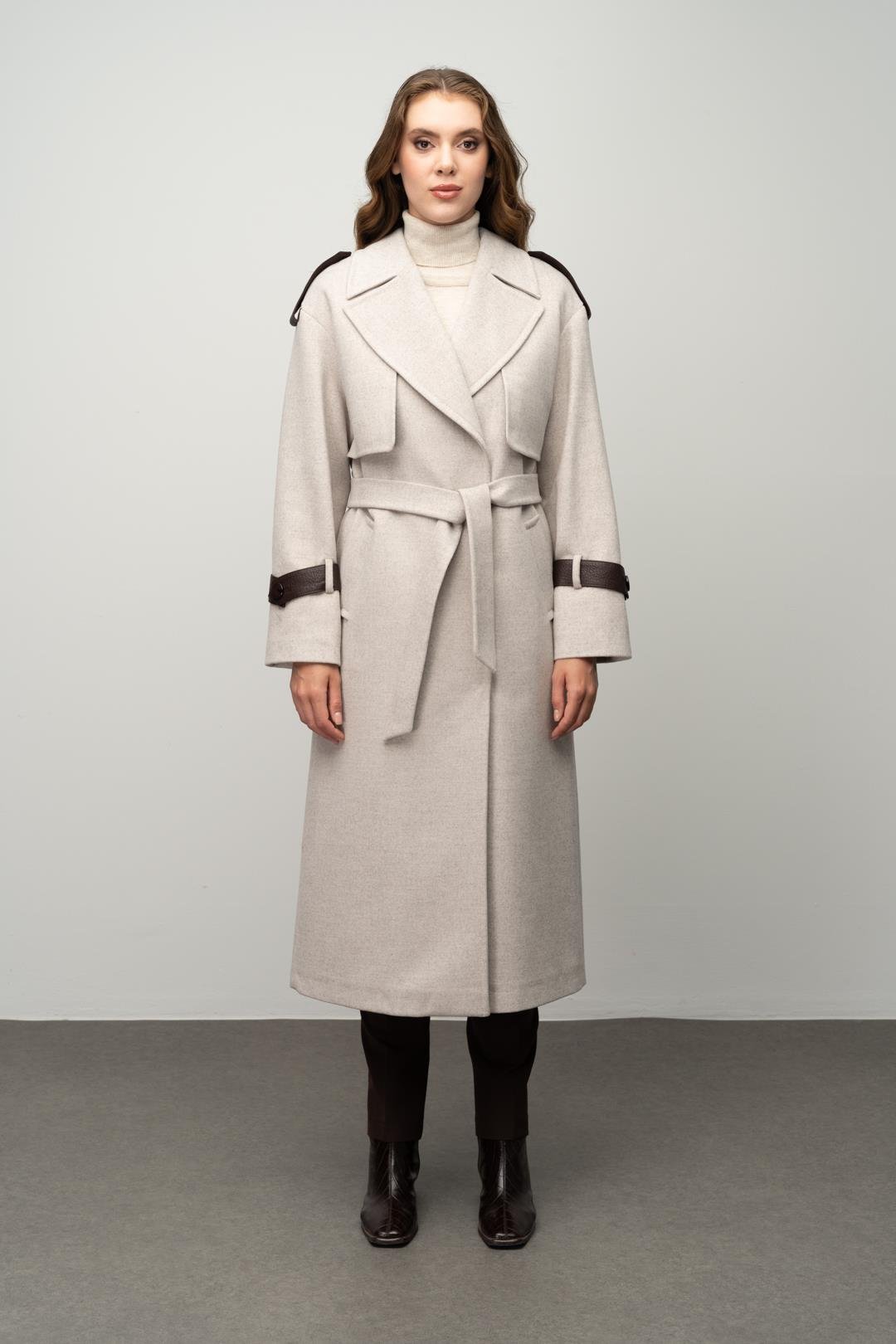 Cashmere Coat with Cape Detail and Genuine Leather Accessories IVORY 3031-K