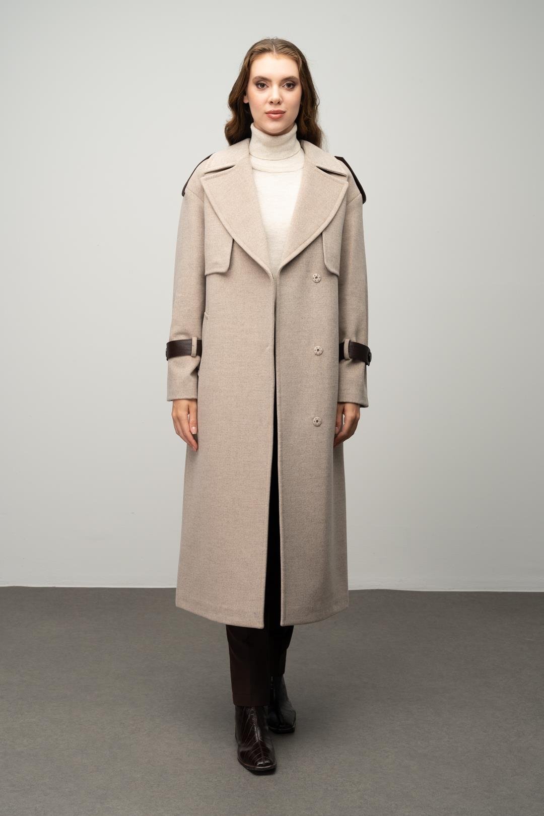 Cashmere Coat with Cape Detail and Genuine Leather Accessories BEIGE 3031-K