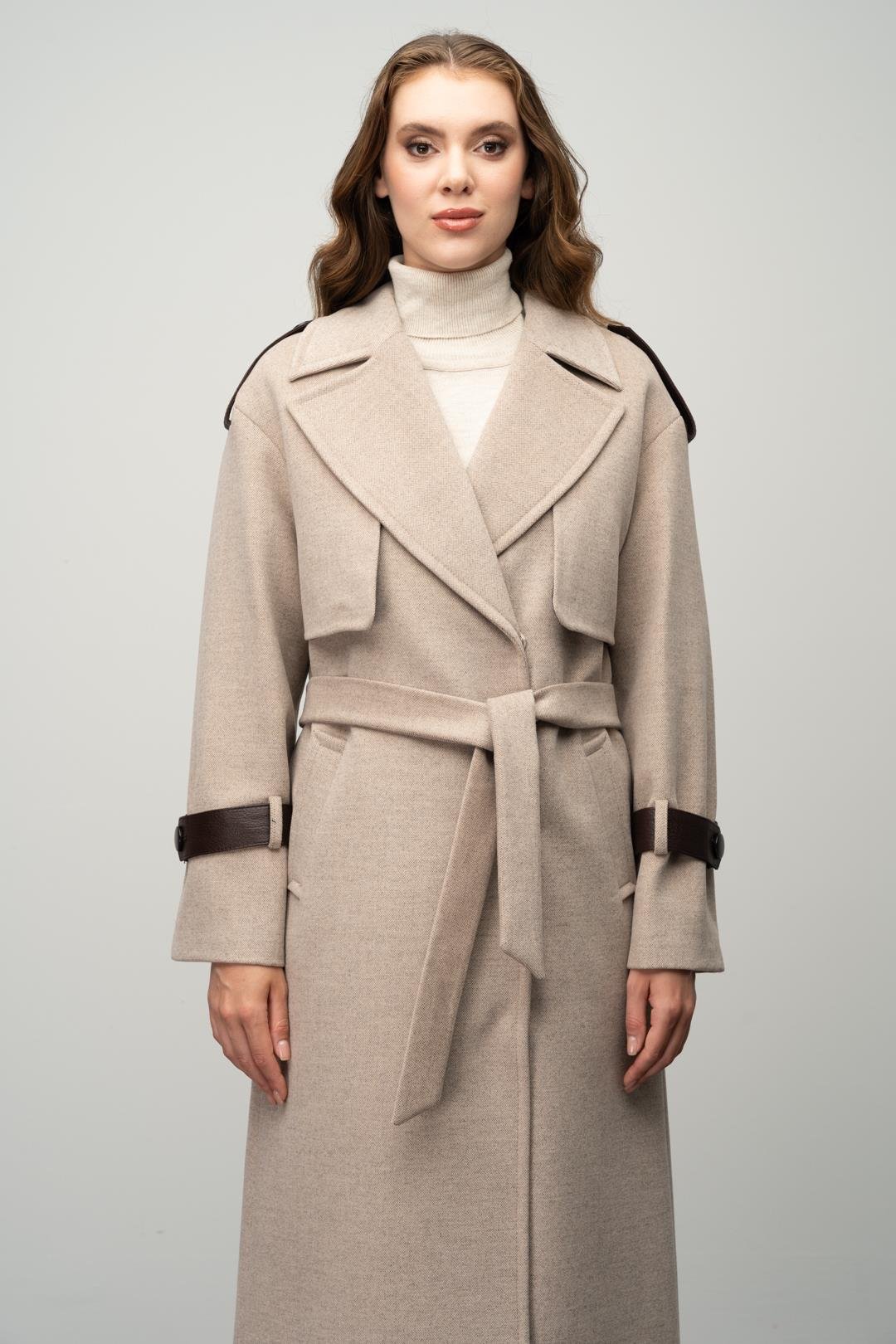 Cashmere Coat with Cape Detail and Genuine Leather Accessories BEIGE 3031-K