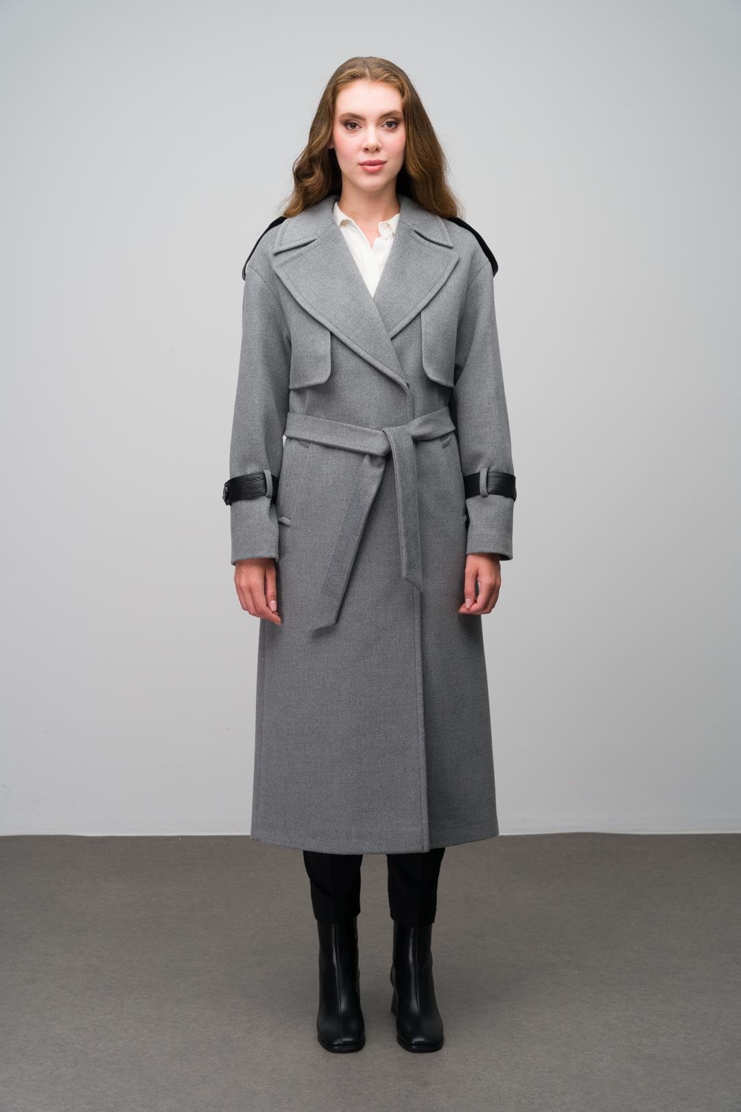 Cashmere Coat with Cape Detail and Genuine Leather Accessories DARK GREY 3031-K