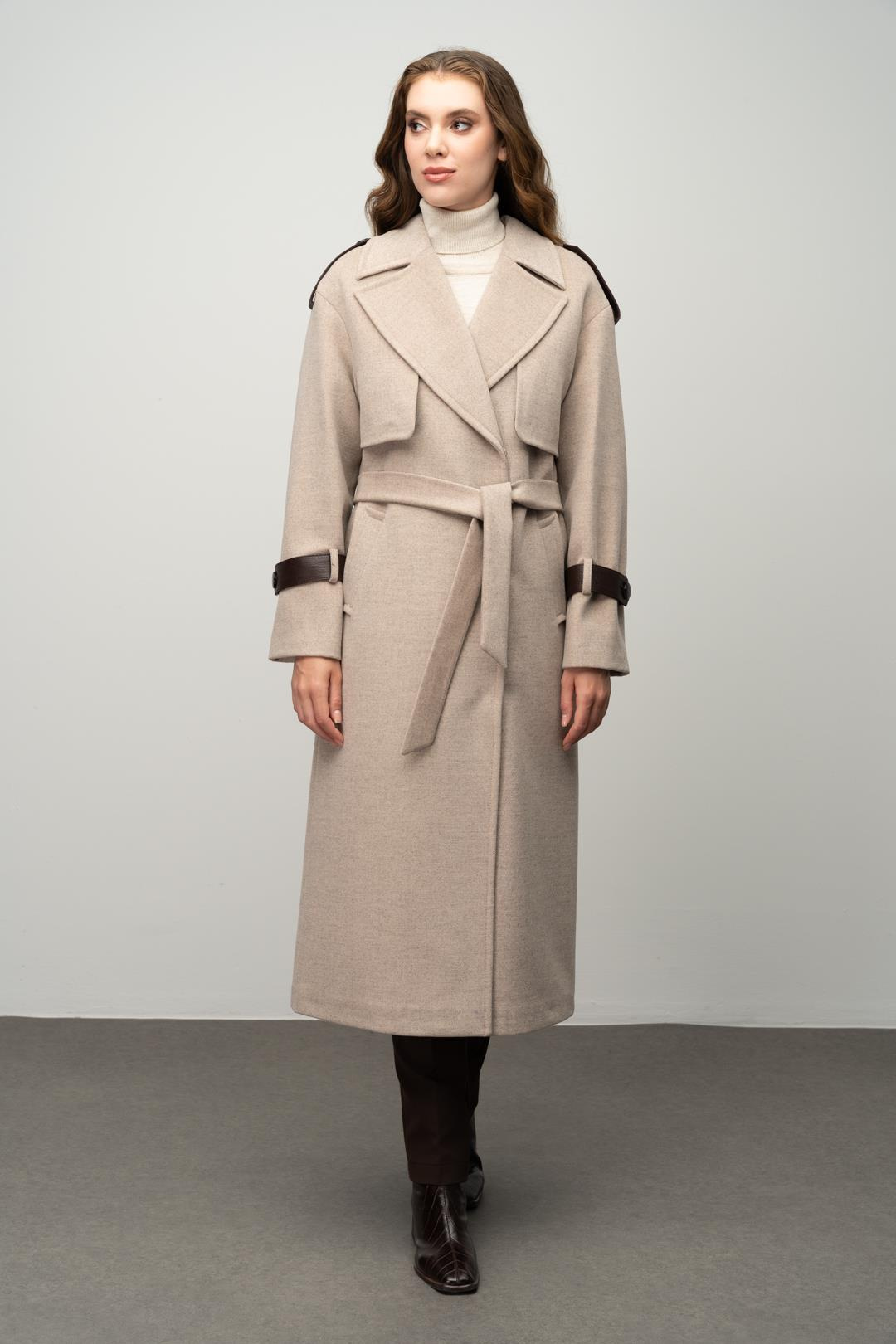 Cashmere Coat with Cape Detail and Genuine Leather Accessories BEIGE 3031-K