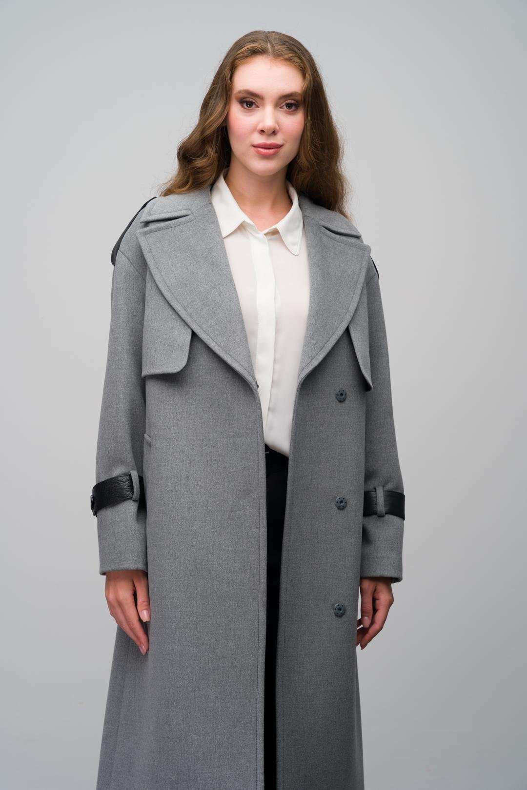Cashmere Coat with Cape Detail and Genuine Leather Accessories DARK GREY 3031-K