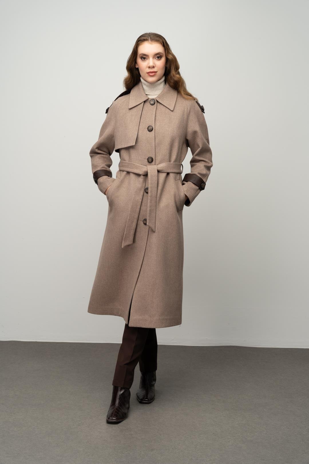 Genuine Leather Detailed Waist-Tied Mid-Length Cashmere Coat CAMEL 3030-K