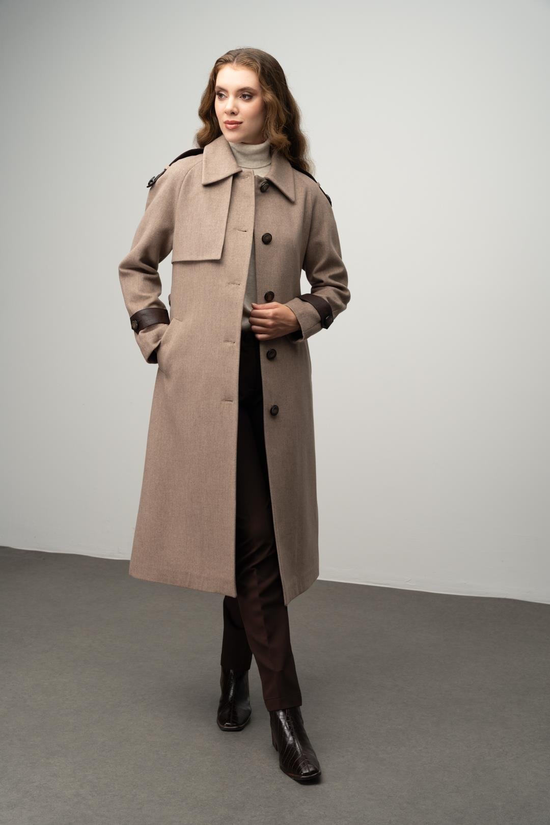Genuine Leather Detailed Waist-Tied Mid-Length Cashmere Coat CAMEL 3030-K